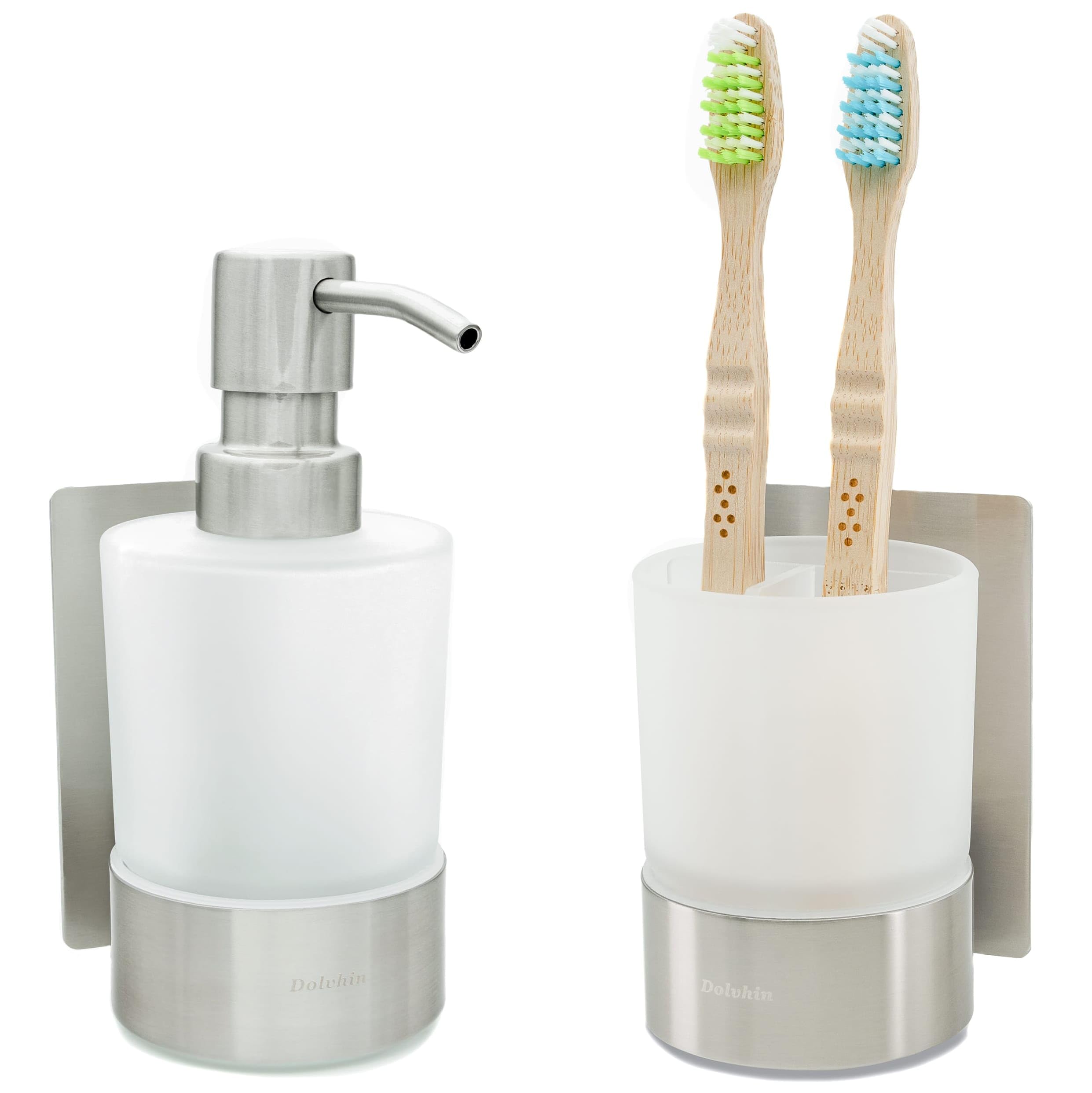 Set Dispenser Sapone e Bicchiere Bagno | Dosatore Liquido & Portaspazzolino Vetro Satinato | Supporto Inox Senza Forare | Dispenser Adesivo da Parete | Set Accessori Bagno | Grigio Argento