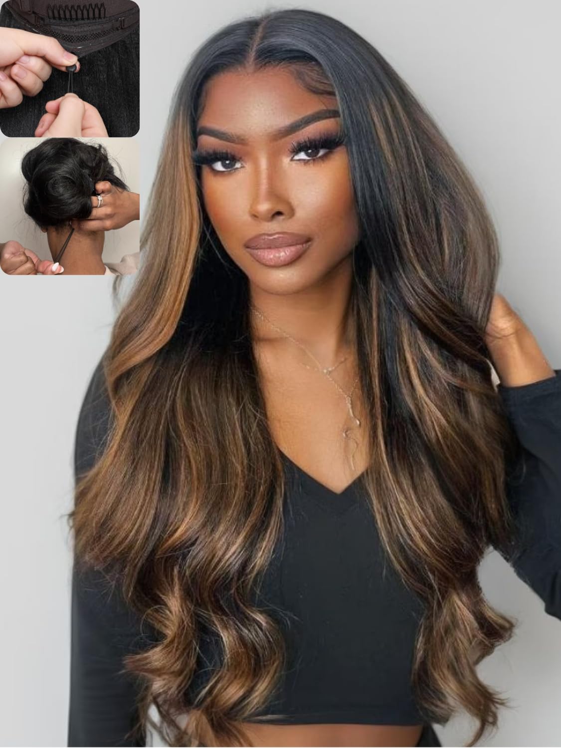 Nadula Bye Bye Knots Glueless Balayage Brown Body Wave Wig Human Hair with Drawstring, Pre Cut 7x5 HD Lace Front Wigs Pre Plucked Bleached Knots Ready to Go Hig