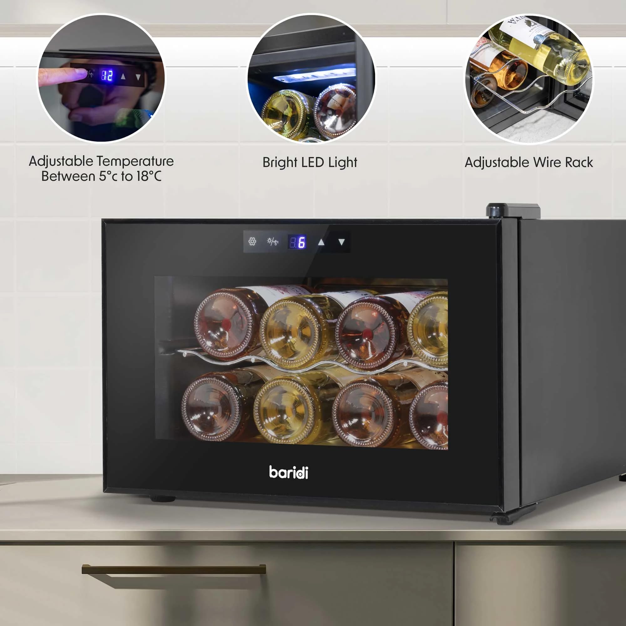 Baridi 8 Bottle Wine Cooler, Thermoelectric, 5-18°C, Touch Control, Table Top - DH218 — view 3
