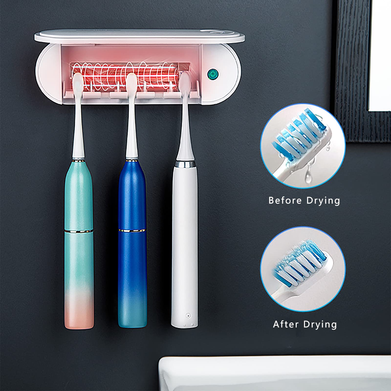 Porta Cepillo de Dientes, Soporte Cepillo de Dientes con Función Esterilizador Secado, Estuche Cepillo Dientes USB Recargable con LED, Organizador Baño Blanco