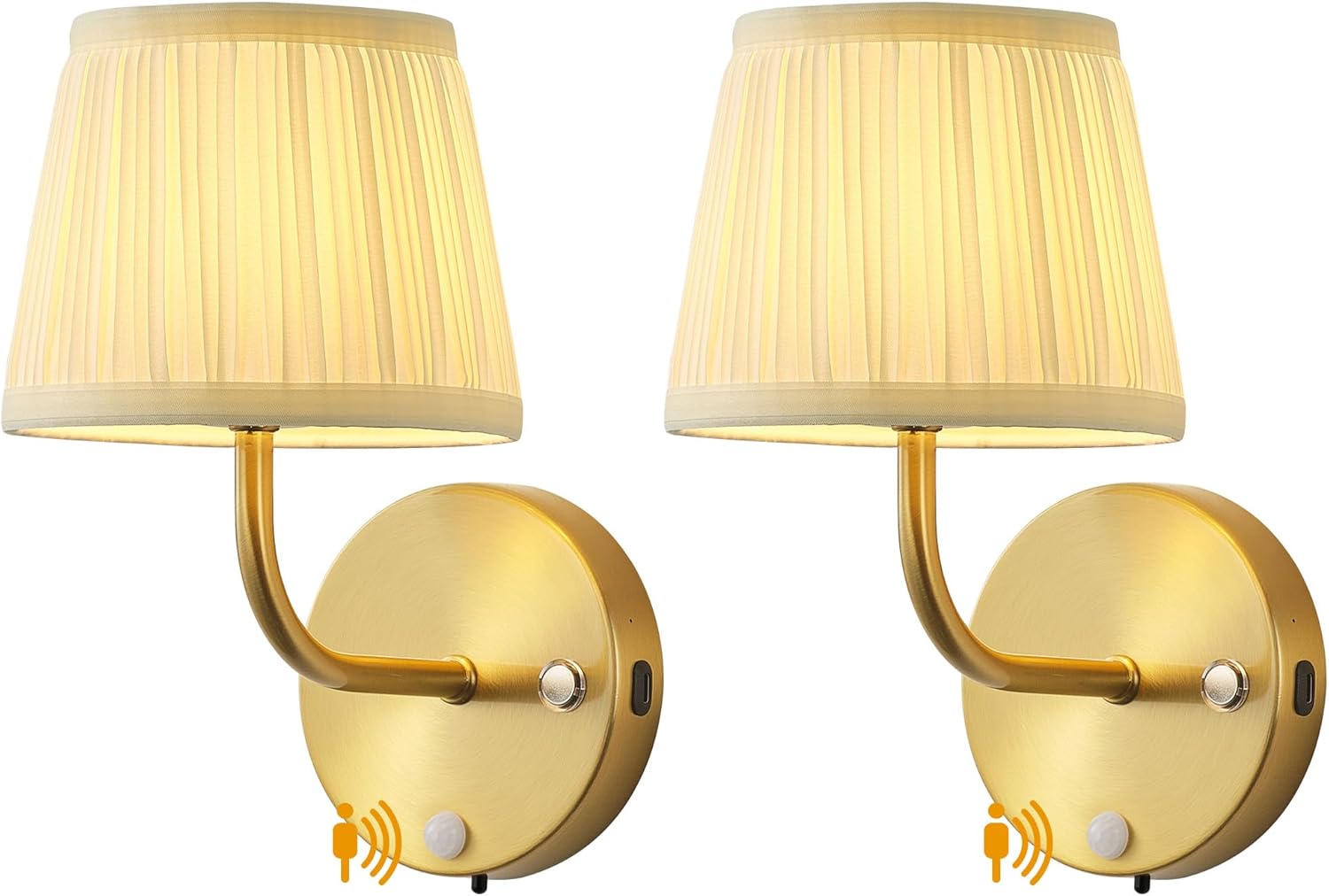 PUSU Motion Sensor Gold H9.6 inch Small Wall Sconces Set of 2, LED Cordless Rechargeable 5200mAh Battery Operated Fabric Wall Lamps with Remote, Lighting for Living Room, Bedroom, Hallway, Stairs