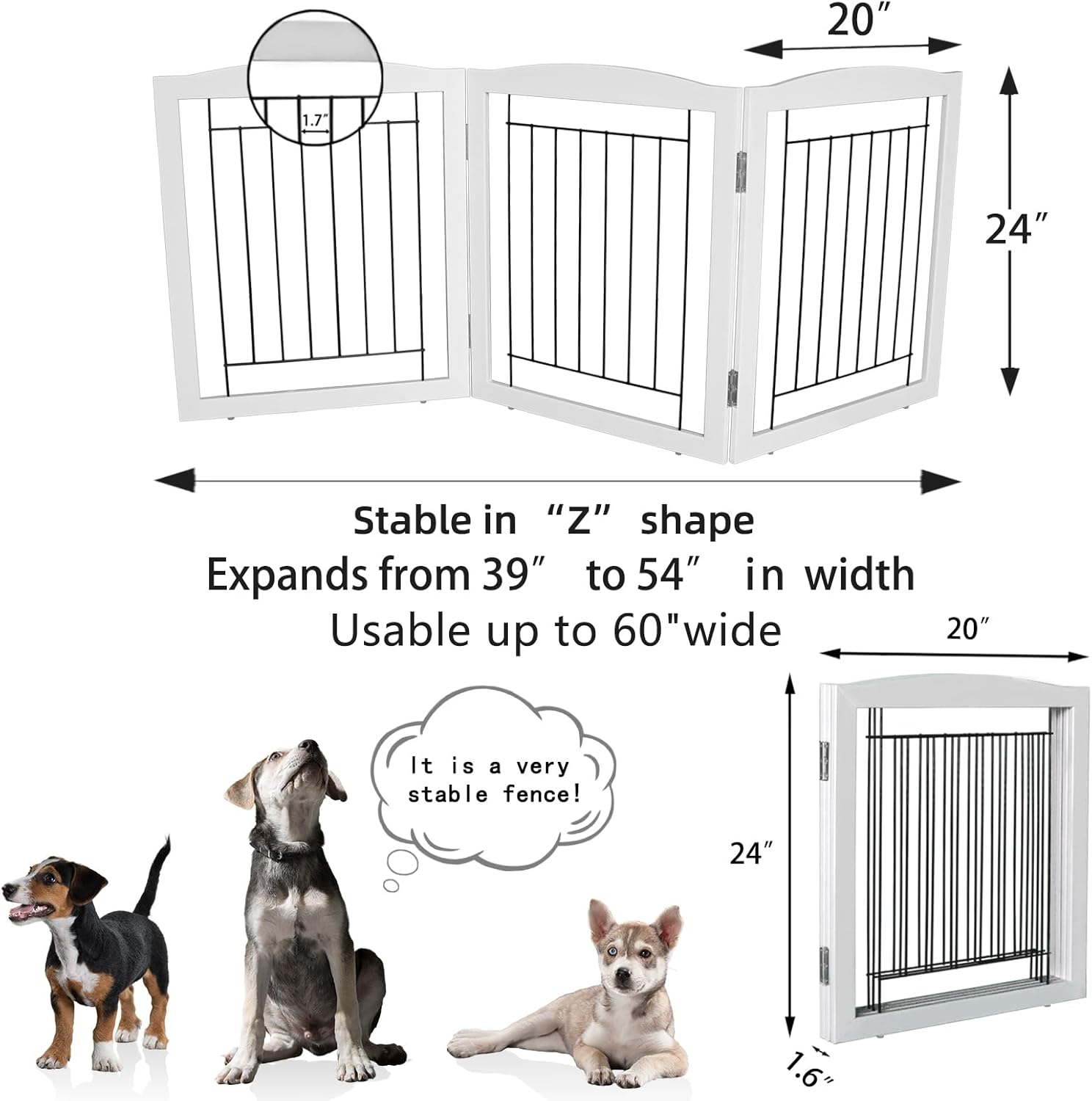 ZJSF Freestanding Foldable Dog Gate for House Extra Wide Wooden White Indoor Puppy Gate Stairs Doorways Pet Gate Tall Dog Fence 3 Panels Fence