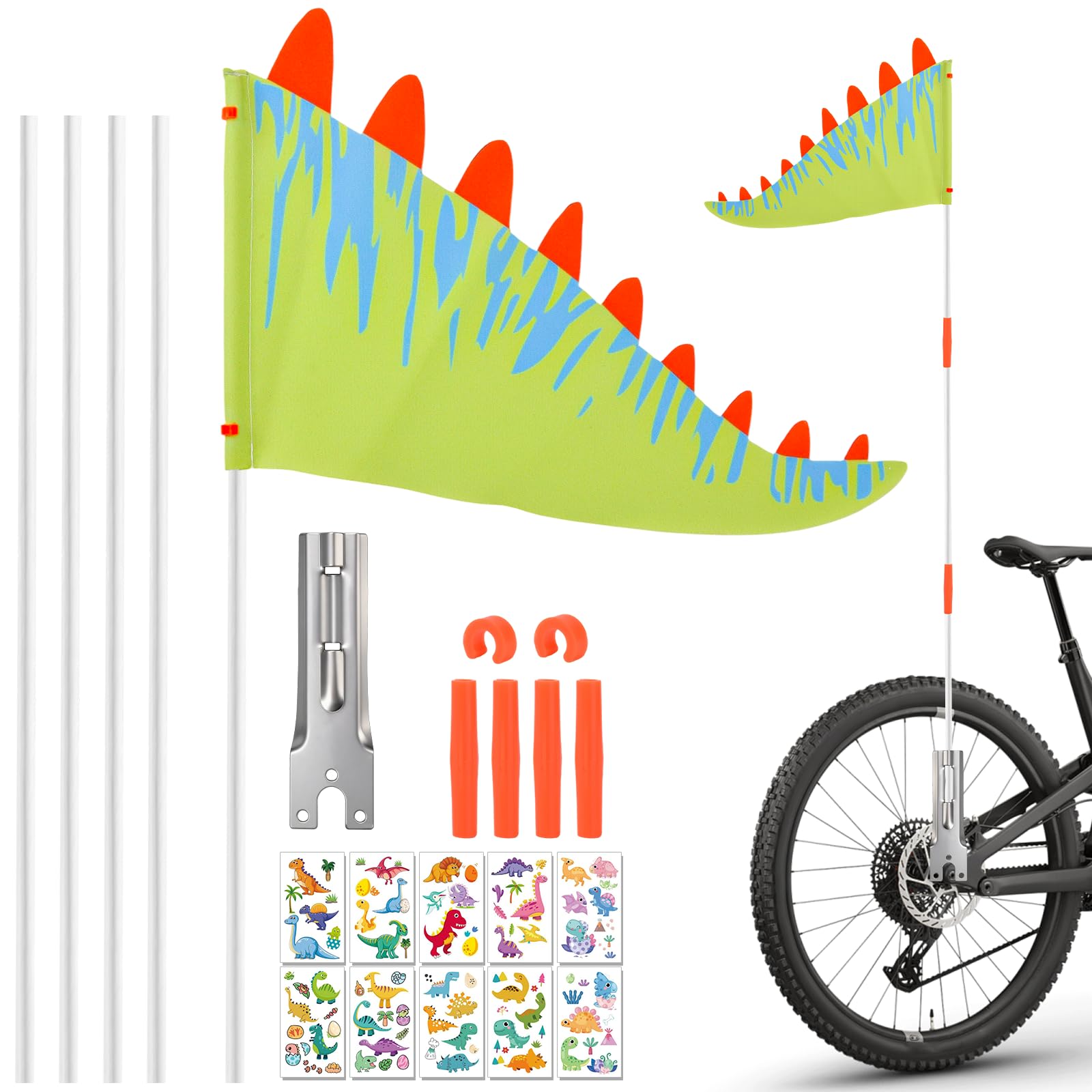 LTFIOON Kinderfahrradflagge, Verstellbarer Fahrradwimpel mit Halterung – Dreieck-Sicherheitsflagge für Kinderfahrrad mit 10 Dinosaurier Sticker, Fahne für Kinderfahrrad mit Dino-Motiv, 36-166cm, Grün Sport & Freizeit