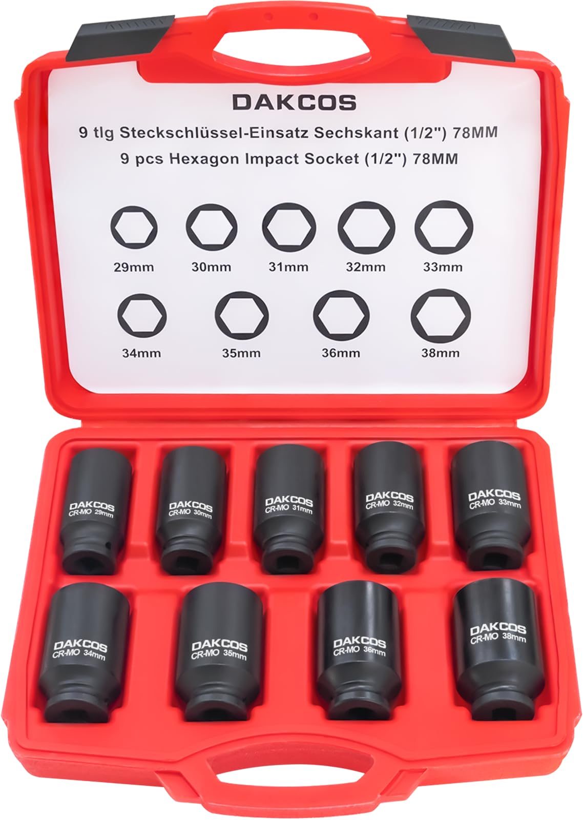 DAKCOS 9pcs 1/2" Impact Socket Set Impact Wrench Nuts Set 29-30-31-32-33-34-35-36-38mm Long Sockets Set Hex Power Socket Impact Nuts, CR-MO
