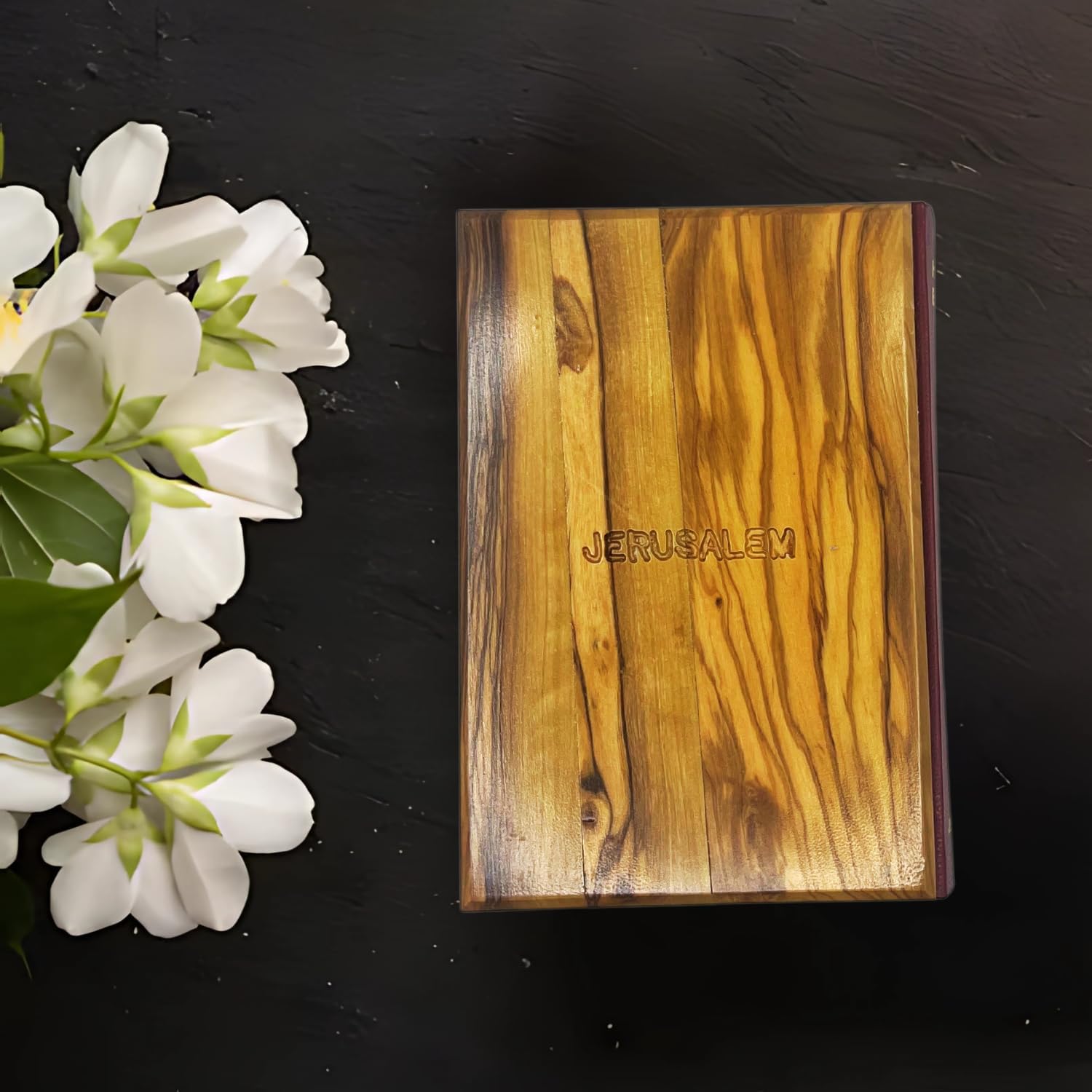 KJV Holy Bible with Olive Wood Cover from Jerusalem - Red Letter Edition with Photos, Jerusalem Cross Engraving - Handcrafted Bible Cover, The Jesus Bible for Holy Land Visitors (Medium)