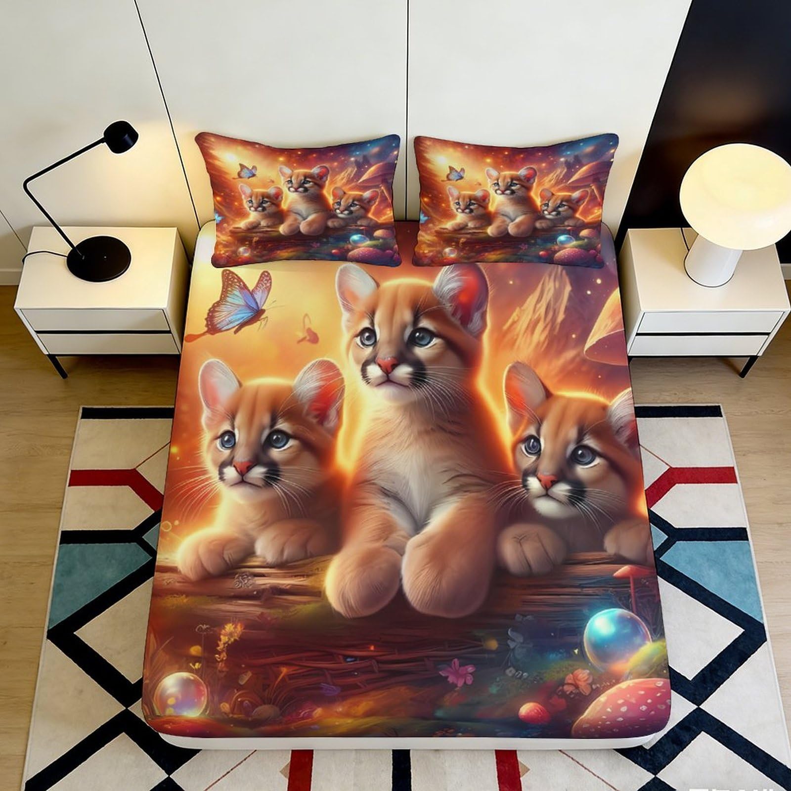 Pnayamiorkfel Style-6 3D Printed Cute Kitten Fitted Sheet Microfiber Orange Butterfly Mattress Cover For Bedroom Dorm Mattress Protection Decor 119 90X200x25cm