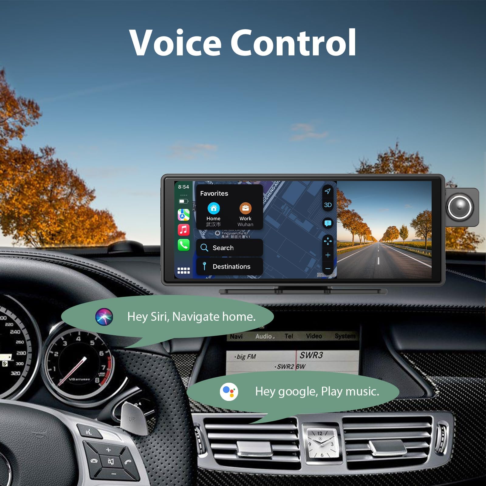 Sunweyer 10,3-calowy samochodowy rejestrator wideo, przenośny samochodowy stereo, do monitorowania dziecka, kamery na tylnym siedzeniu, przenośny bezprzewodowy ekran CarPlay, Android Auto, nawigacja