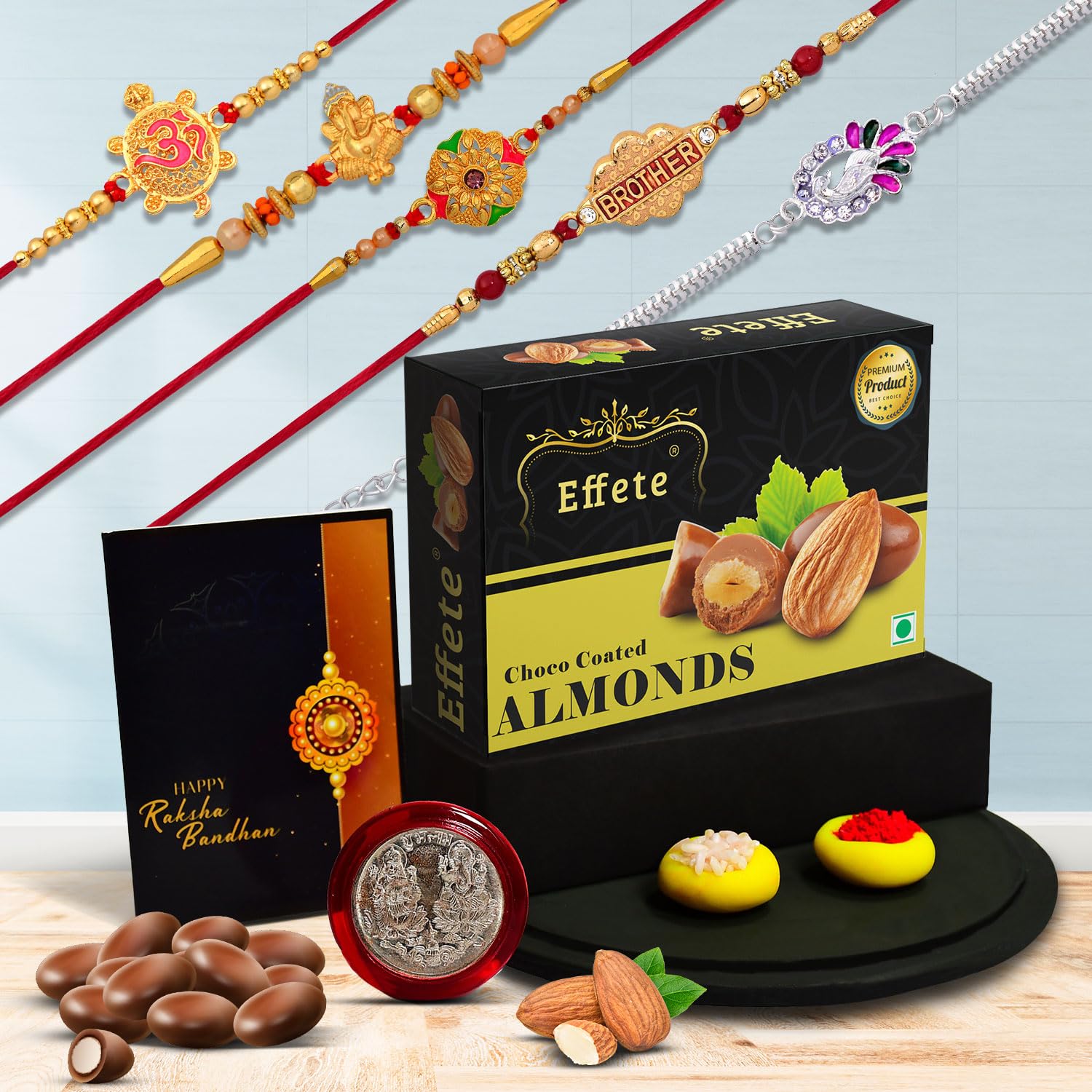 DeoDap Rakhi For Brother Set Of 5 & Effete Chocolate Combo with Silver Color Pooja Coin, Rakhi With Greeting Card (K5_NC5_CA32) (B09B53S73Y) Amazon Price History, Amazon Price Tracker