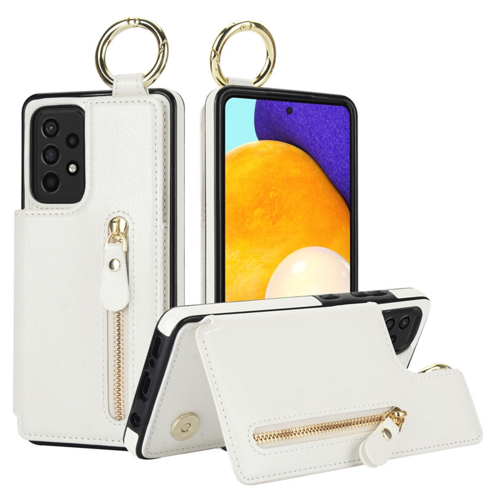 Für Samsung A72 (4G 5G) Ring Leder Reißverschluss Brieftasche Karte Handyhülle Flip Stand Cover (Für Samsung A72 (4G 5G)/Weiss)