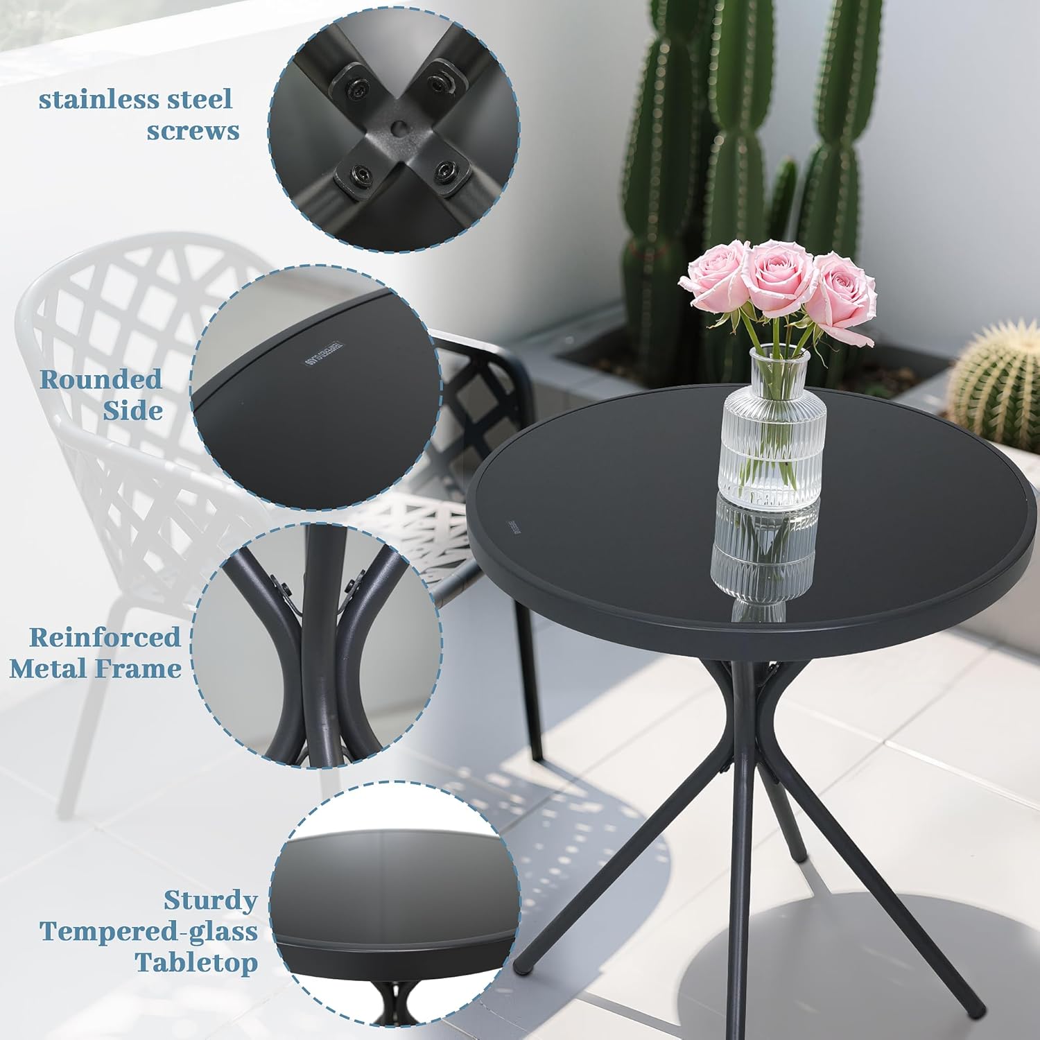 Outdoor Round Coffee Side Table,Tempered Glass Tabletop,All-Weather Bistro Table,Suitable for Terraces, Gardens, Bedrooms and Courtyards.