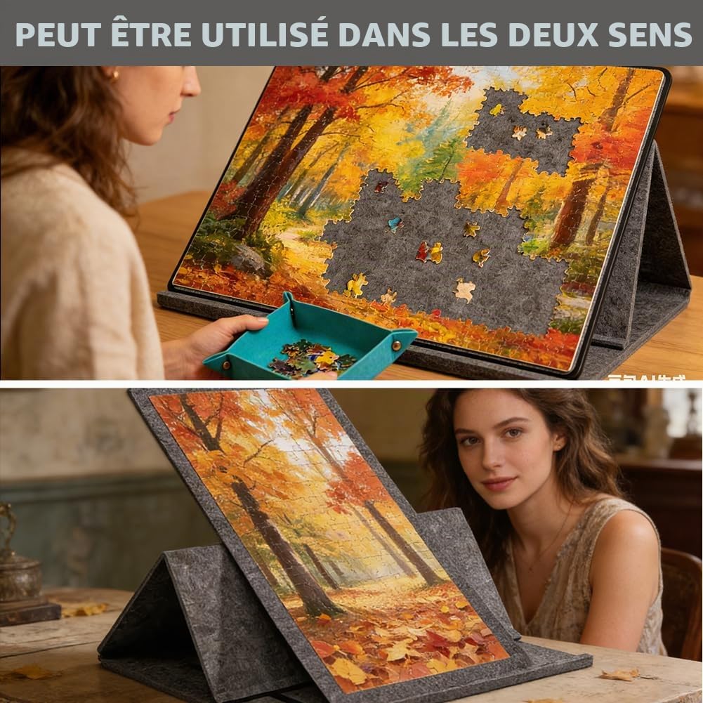 Planche à puzzle et table de puzzle 1000 pièces – Planche à puzzle inclinable avec 6 compartiments de tri colorés, support et couvercle 2 en 1, plateau de tapis de puzzle léger en feutre
