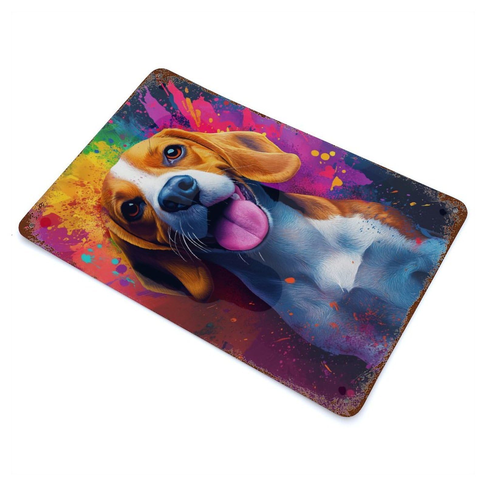 Garage Style Beagle with Colorful Splashes Rustic Tin Plaque 11.8"x7.9", Classic Wall Plaque for Bar And Workshop