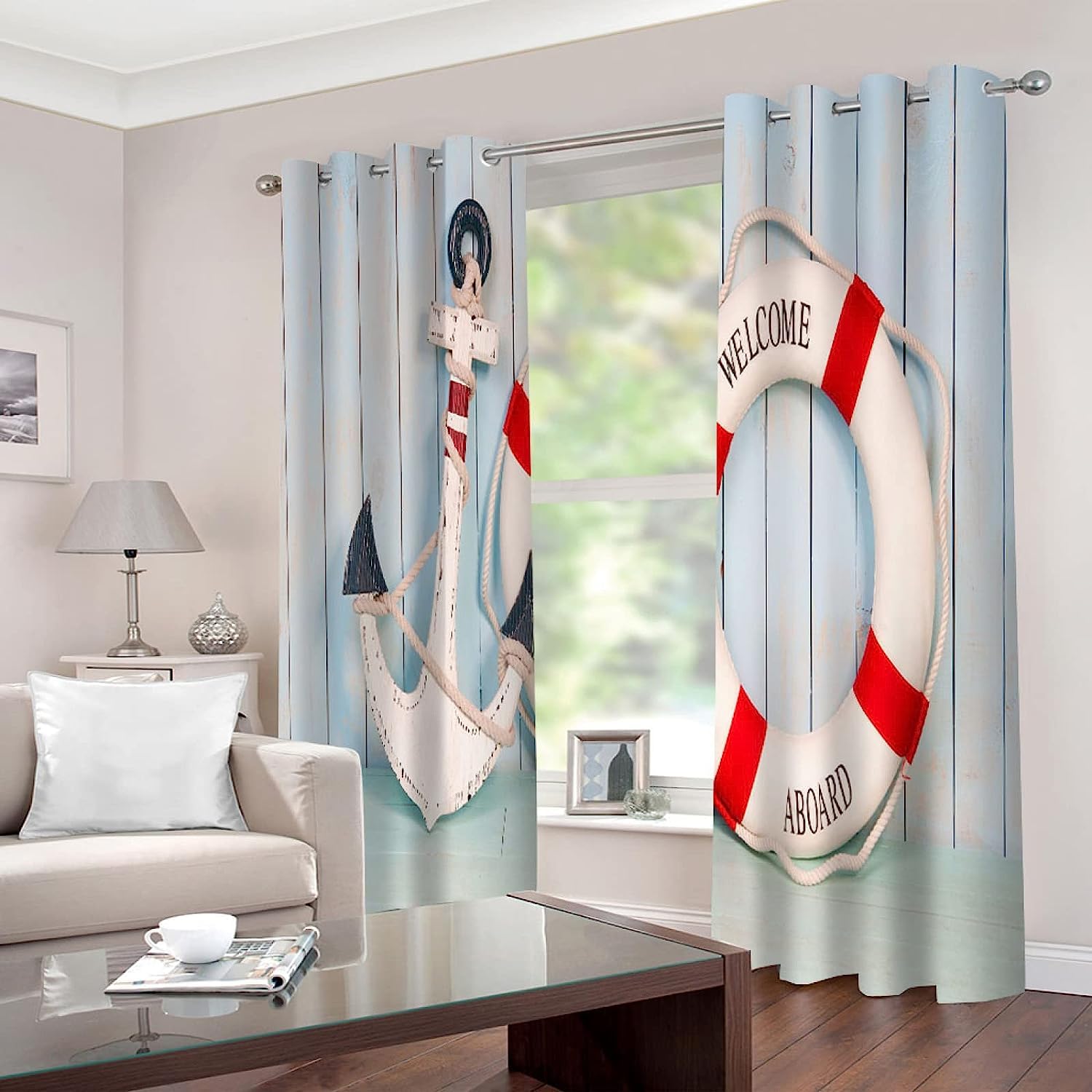 Cortina Opaca para Habitación De Los Niños, Boya Salvavidas Ancla Blanca Diseño 3D, Opaca, con Ojales, Cortinas Opacas E Insonorizadas, 2 Pieza Adecuado para Dormitorio/Cocina 280 X 250 Cm-0D9C/Y6J