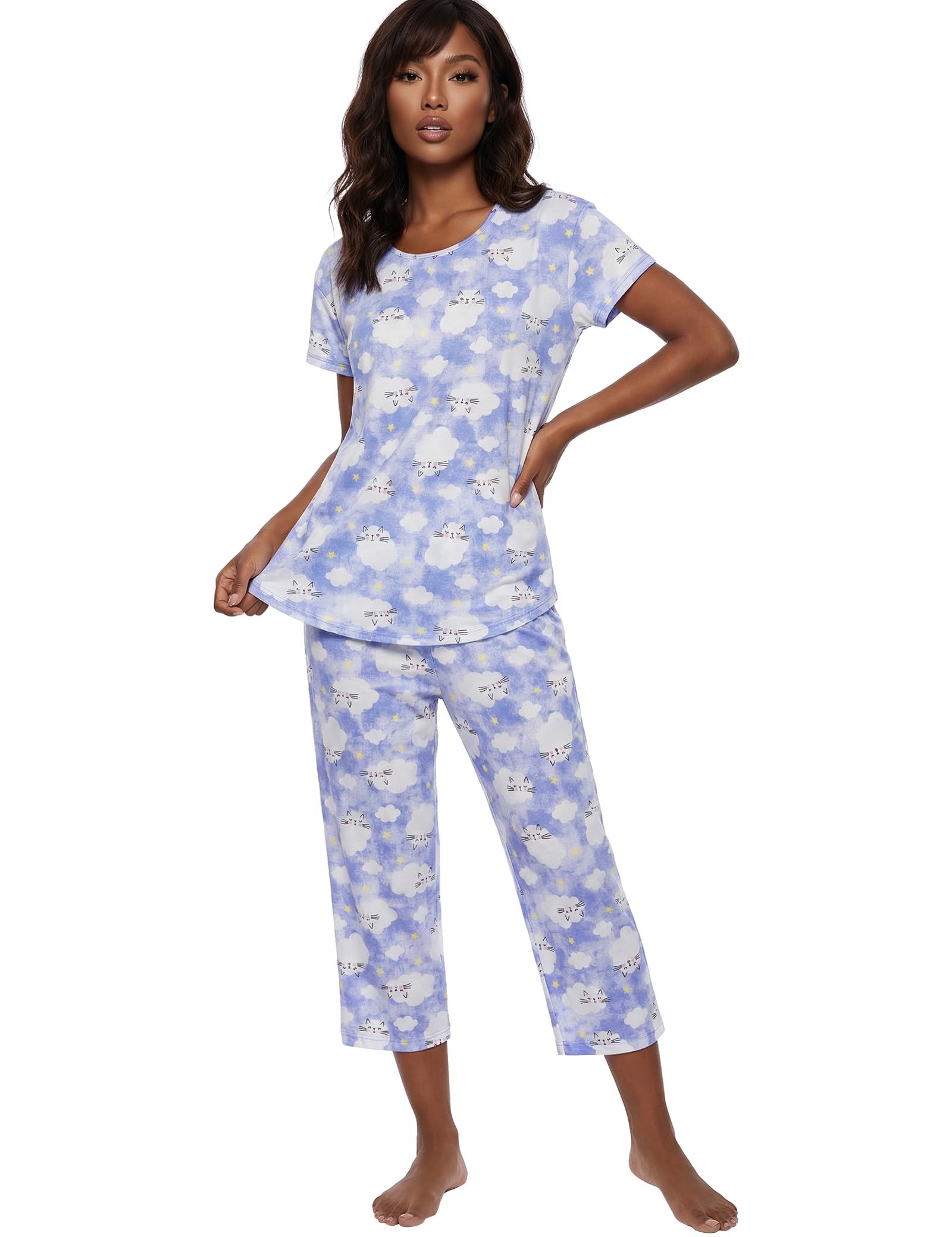 CHUNG Women Cotton Pajama Sets Sleepwear pjs Short Sleeve Shirt Capri Length Crop Pants Cute Vivid Print
