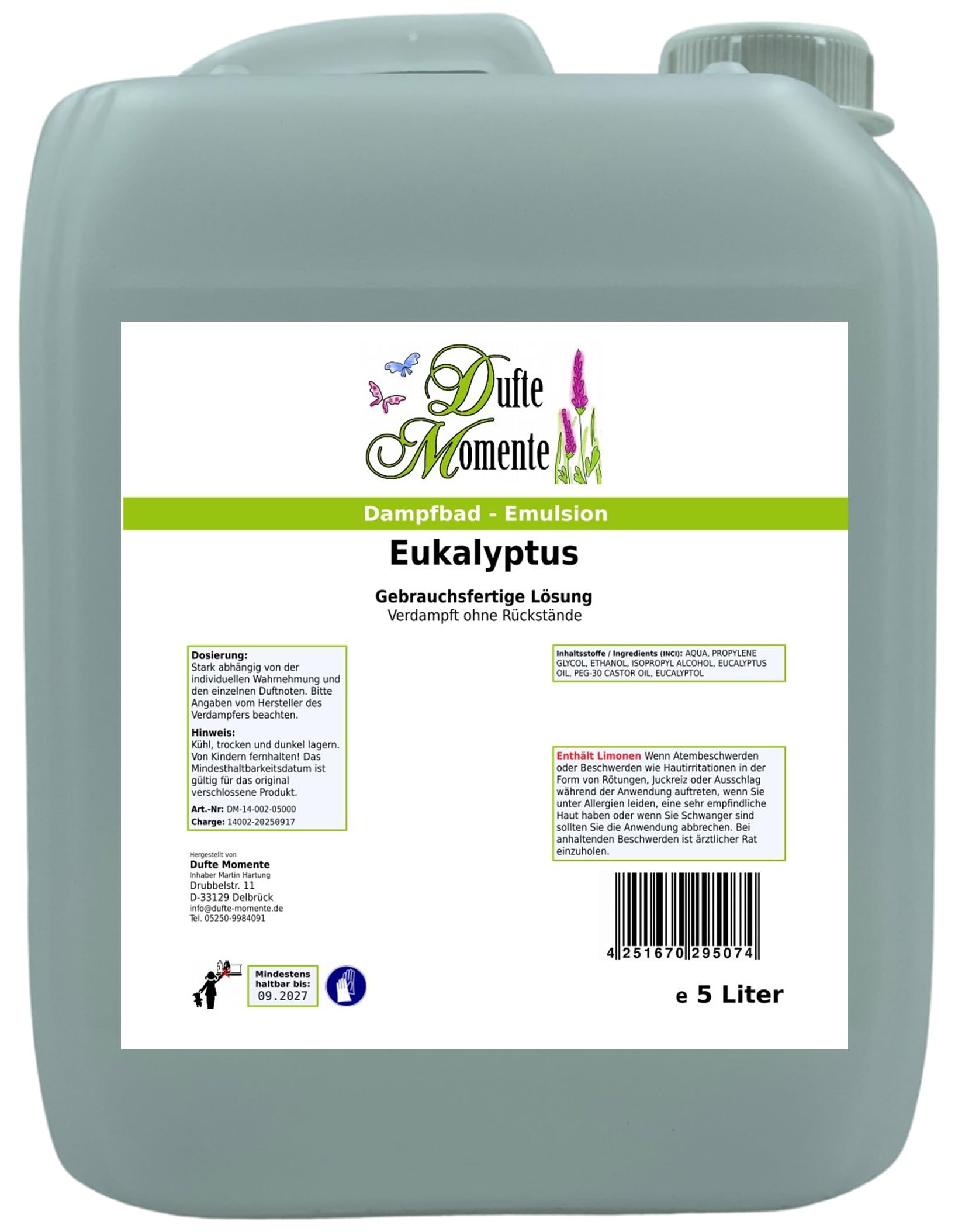 Dufte Momente | Dampfbad Emulsion 5 Liter Eukalyptus | geprüfte Qualität | mit naturreinen und natürlichen ätherischen Ölen | gebrauchsfertig | vegan und ohne Tierversuche