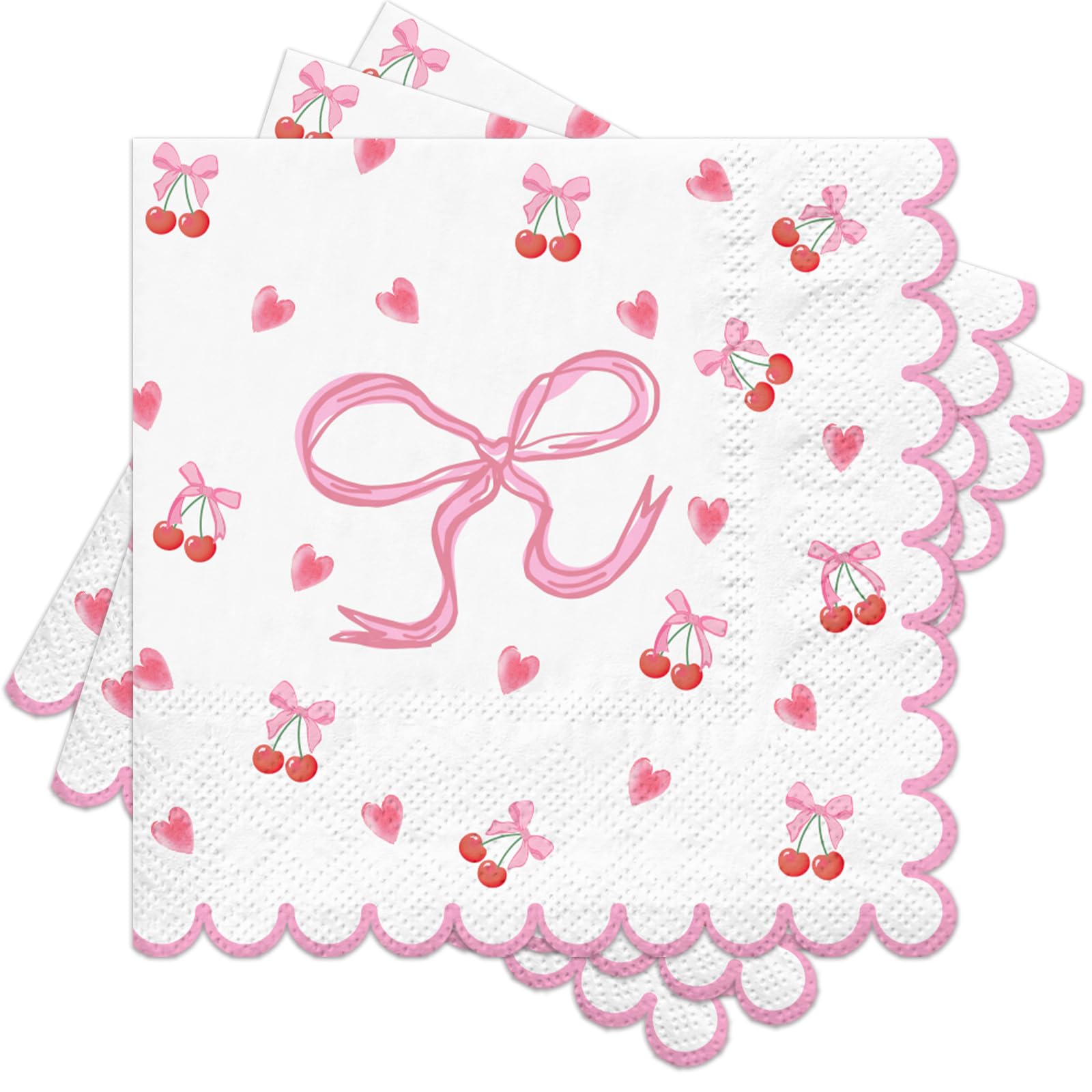 RUSPEPA 50-Piece Cherry Bow Paper Napkins - 3-Ply, Pink Bow, Heart & Cherry Design with Scalloped Edge, Romantic Disposable Cocktail Napkins for Valentine’s Day, Wedding, 12.7x12.7cm — image 1