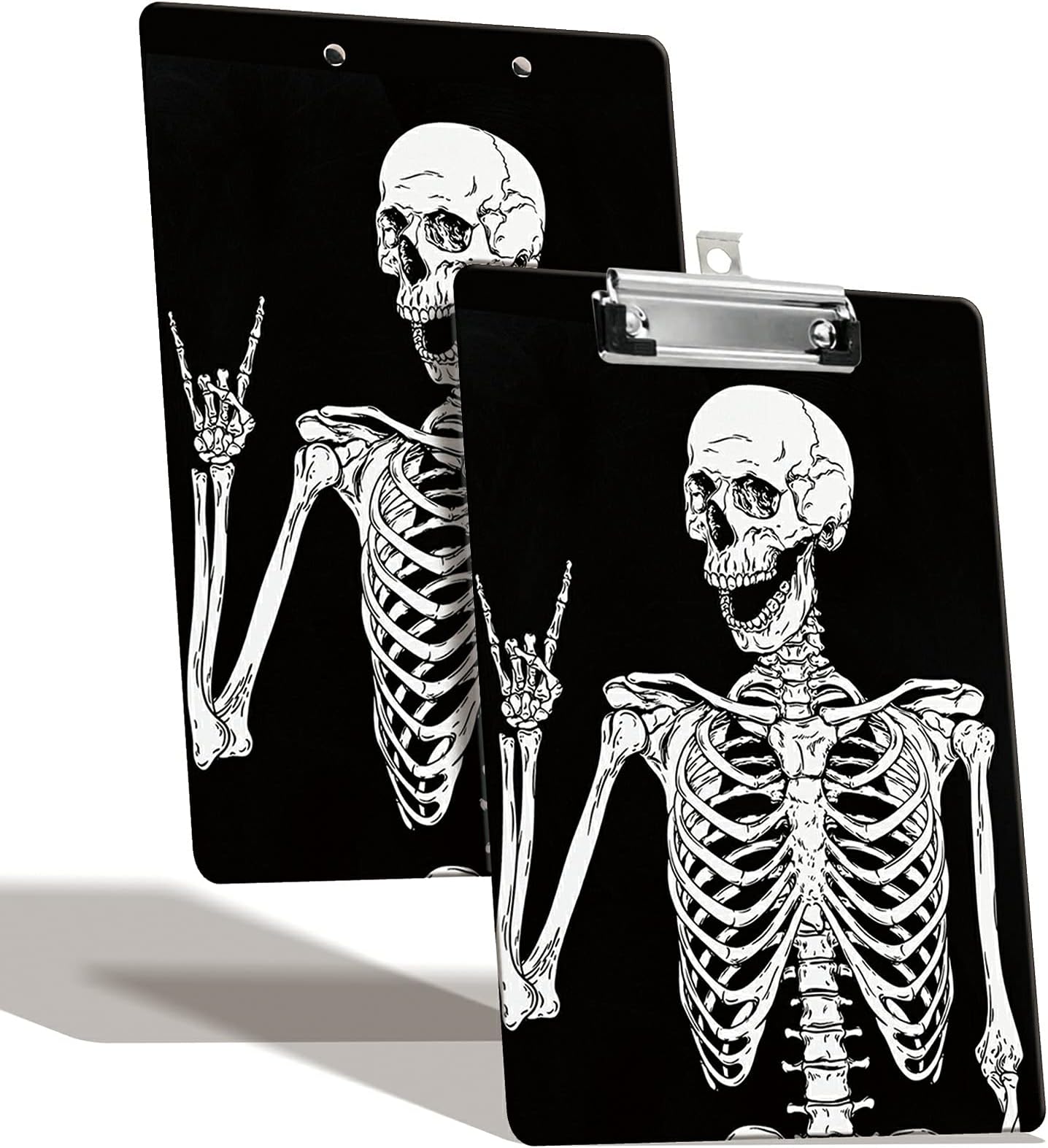 A4 Size Clipboard with Hanging Hook and Low Profile Clip, Plastic Nurse Clipboard Writing Drawing Board with Double-Sided Print for Office School Use, Skull Skeleton