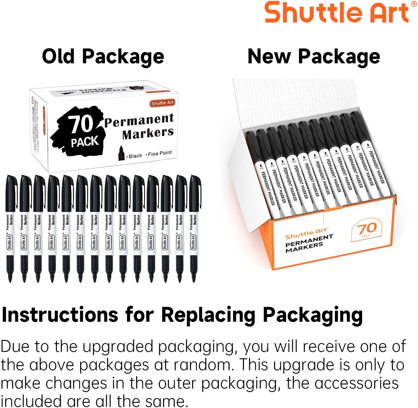 Shuttle Art Permanent Markers, 70 Pack Black Permanent Marker set,Fine Point, Works on Plastic,Wood,Stone,Metal and Glass for Doodling, Marking