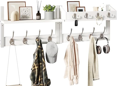 Miniatura 14 de YMYNY Estante Perchero Montado en la Pared, Juego de 2 Ganchos para Abrigos, Colgador de Abrigos de Entrada con 8 Ganchos, Estante Flotante de Pared