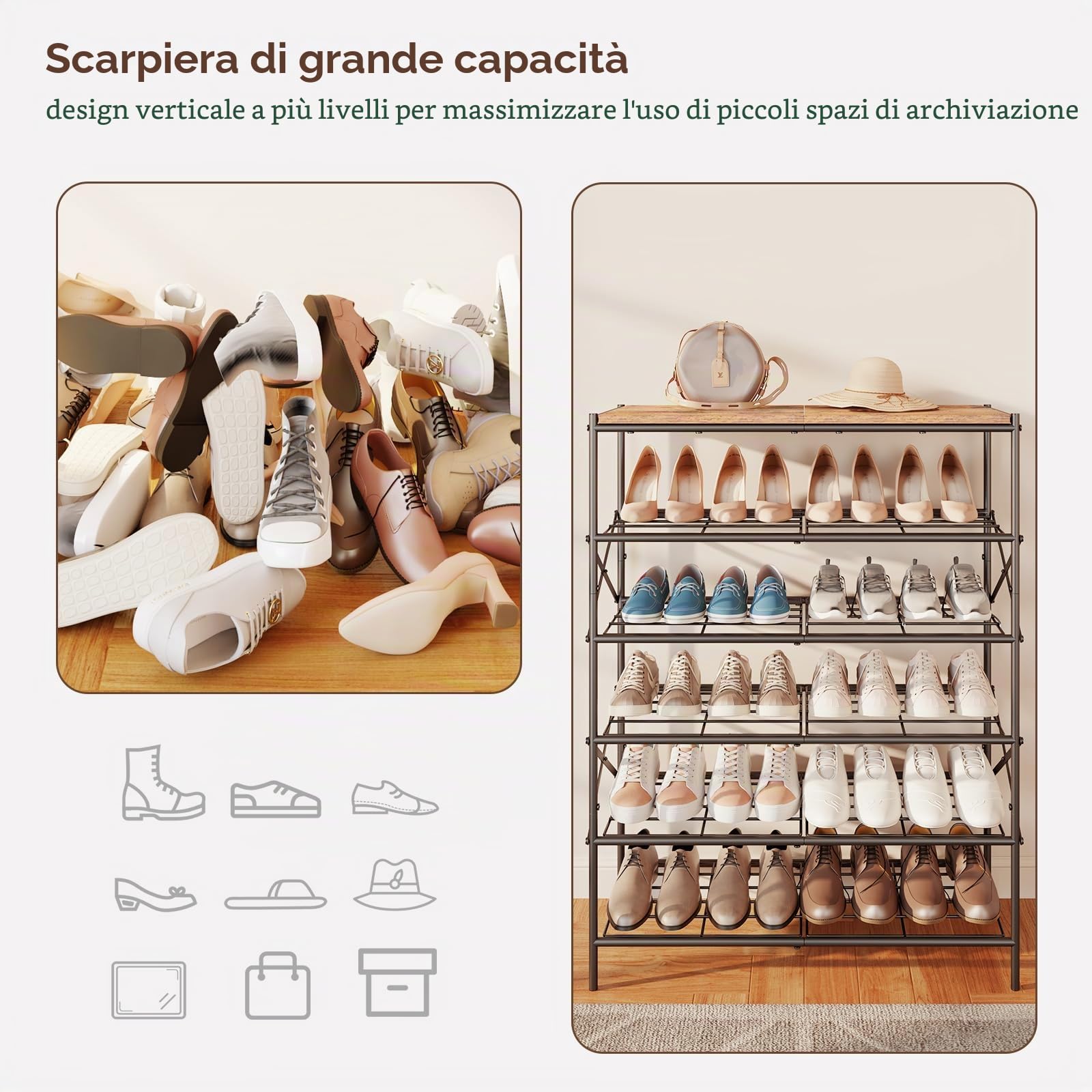 IBUYKE Scarpiera con 6 Ripiani, Grande Capacità Scaffale Portascarpe per 24 Paia di Scarpe, Salvaspazio Scarpiera in Metallo per Ingresso Corridoio Soggiorno, Rustico Marrone e Nero TXJ016H