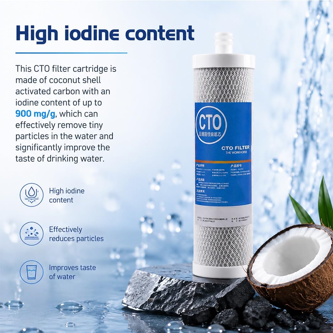 Paquete 4 cartuchos filtrantes CTO de carbón activado de cáscara de coco 10x2,6in con conexión enchufable, aptos para prefiltración bajo fregadero y por ósmosis inversa
