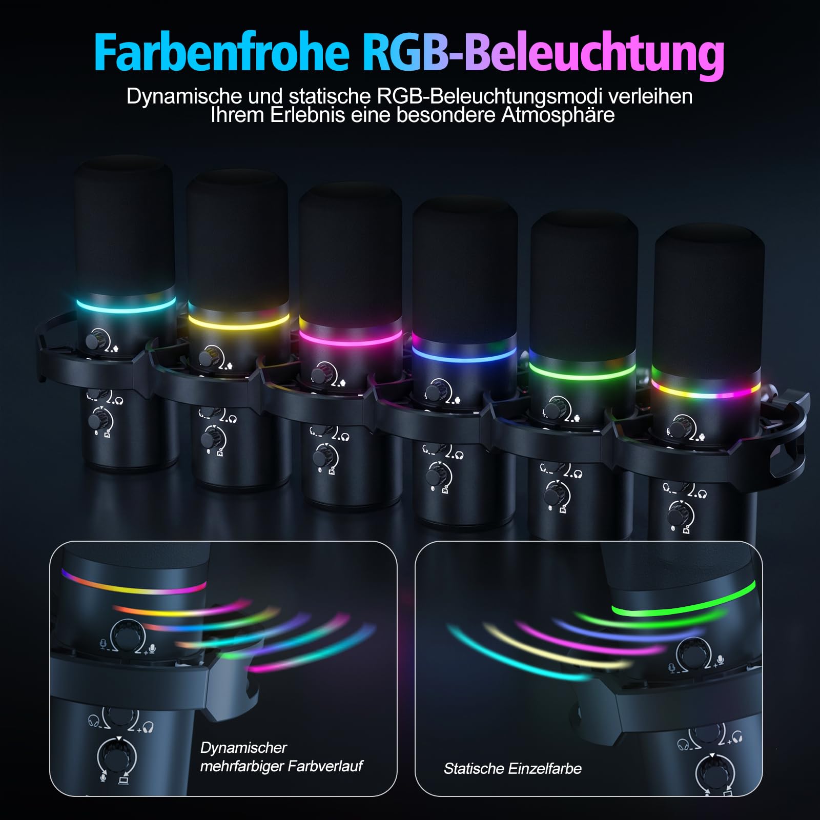 XLR/USB Gaming Mikrofon mit Arm, Dynamisches Mikrofon mit One-Touch-Stummschaltung, Verstärkungsregelung und Kopfhöreranschluss, RGB Podcast Mikrofon für Streaming, Aufnahmen und Gesang