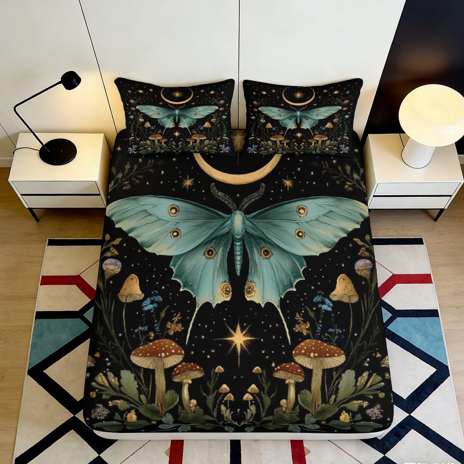 3D Printed Luna Moth Fitted Sheet Microfiber Soft Mushroom Forest Bed Cover for Bedroom Dorm Mattress Decor 90x200x25cm
