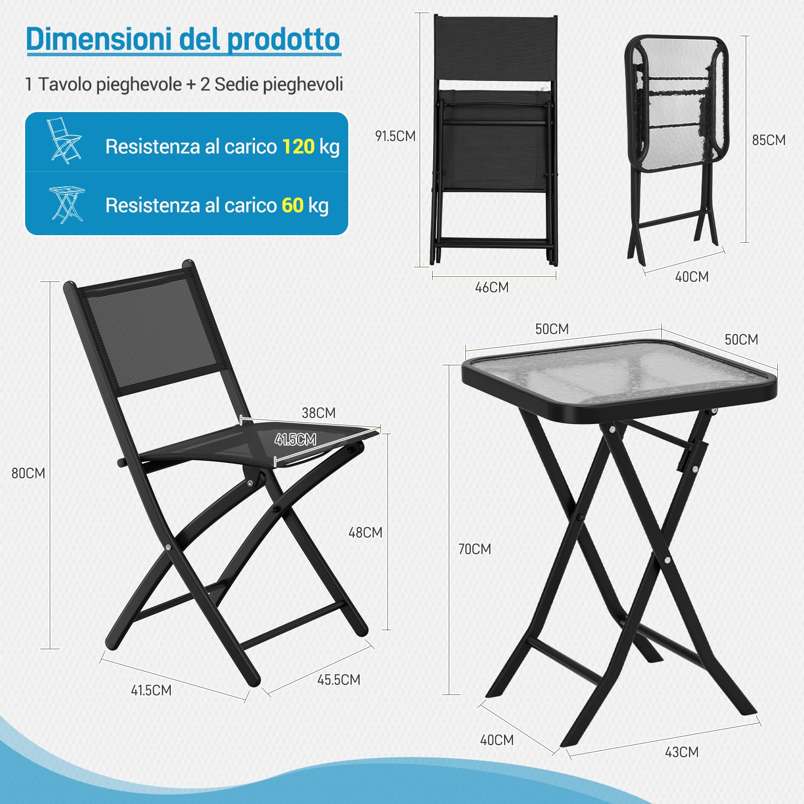 LIFERUN Set da Bistrot 3 Pezzi, Set Mobili Pieghevoli Include 1 Tavolo e 2 Sedie, Resistente alle Intemperie e Traspirante, per Piccoli Balconi e Giardini, Nero