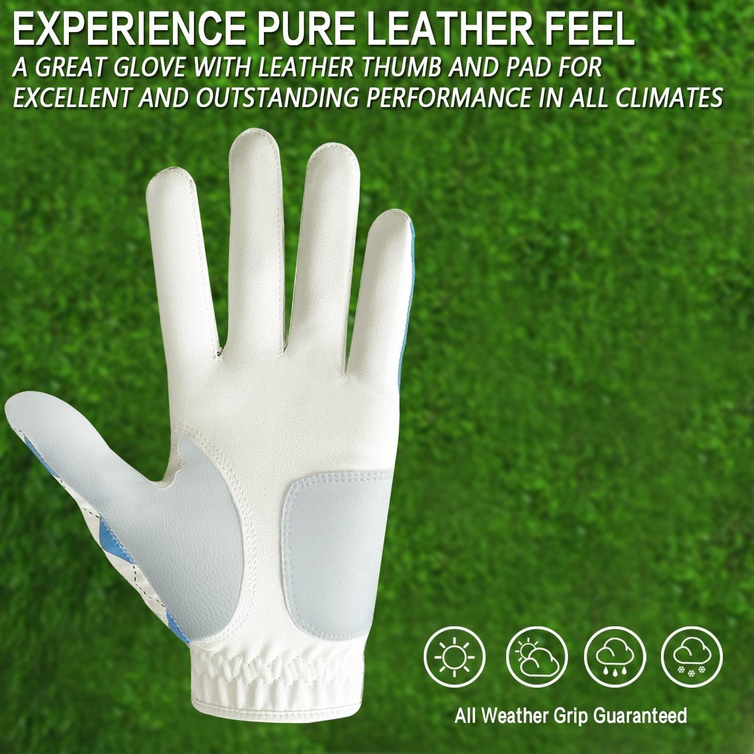 FINGER TEN Golf Gloves Men Left Hand Right with Ball Marker Cabretta Leather Weathersof Rain Grip Value Pack,Mens Golf Glove Fashion Pattern Wear Resistant (Blue Plaid-1 Pack - Image 3