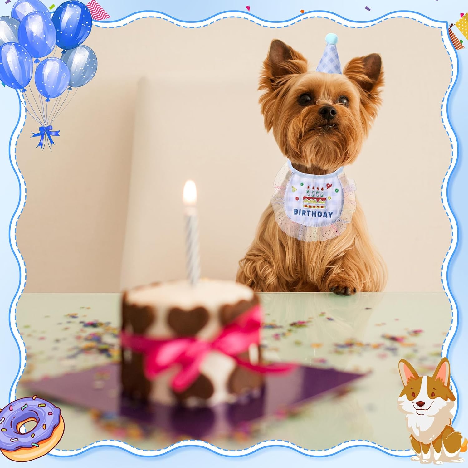 Chicingyou Dog Birthday Outfit Set Lace Bib Number Stickers, Cake, Blue image 3