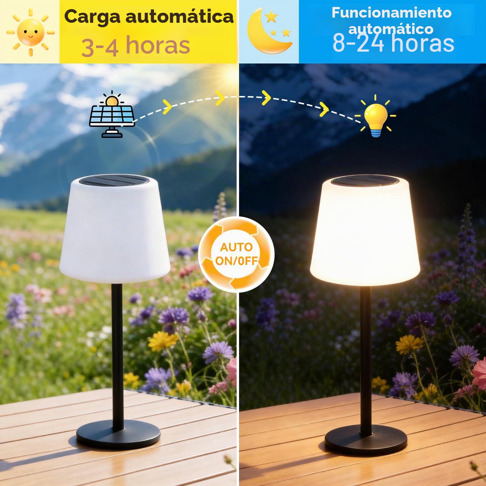 Lámpara de Mesa para Exterior con Energía Solar, Luz Blanca Cálida Regulable y luz RGB, Energía Solar con Sensor de luz y Control Remoto, Adecuada para Jardines, Patios, Campamentos y Otros Lugares