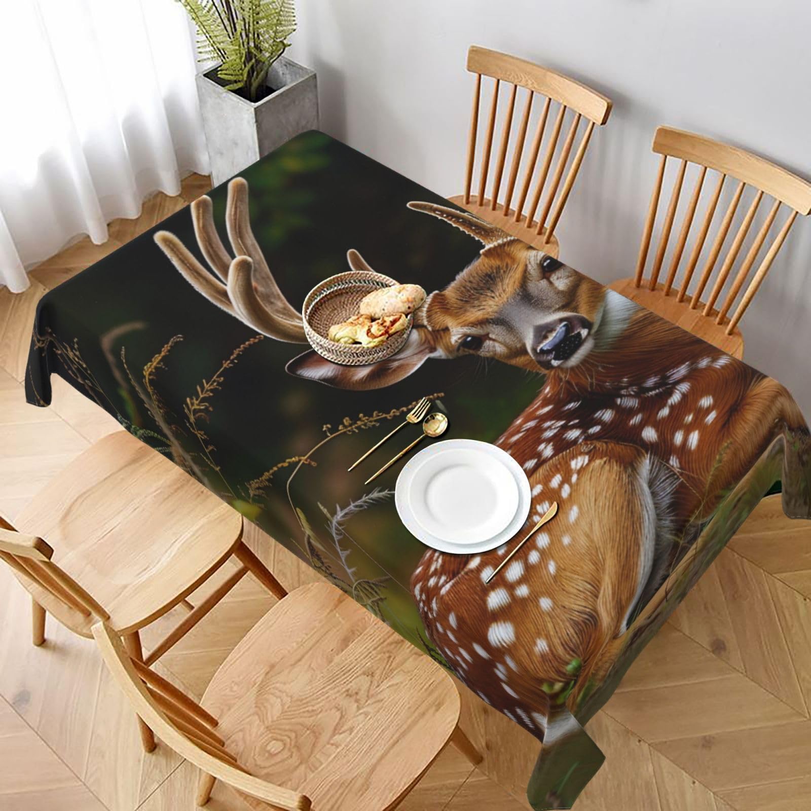 WPKJU Whitetail Deer Fawn in Wilderness Stag Printed Tablecloth 60x90 in Water Resistant Table Cover Washable Rectangle Table Cloth for Dining Tables