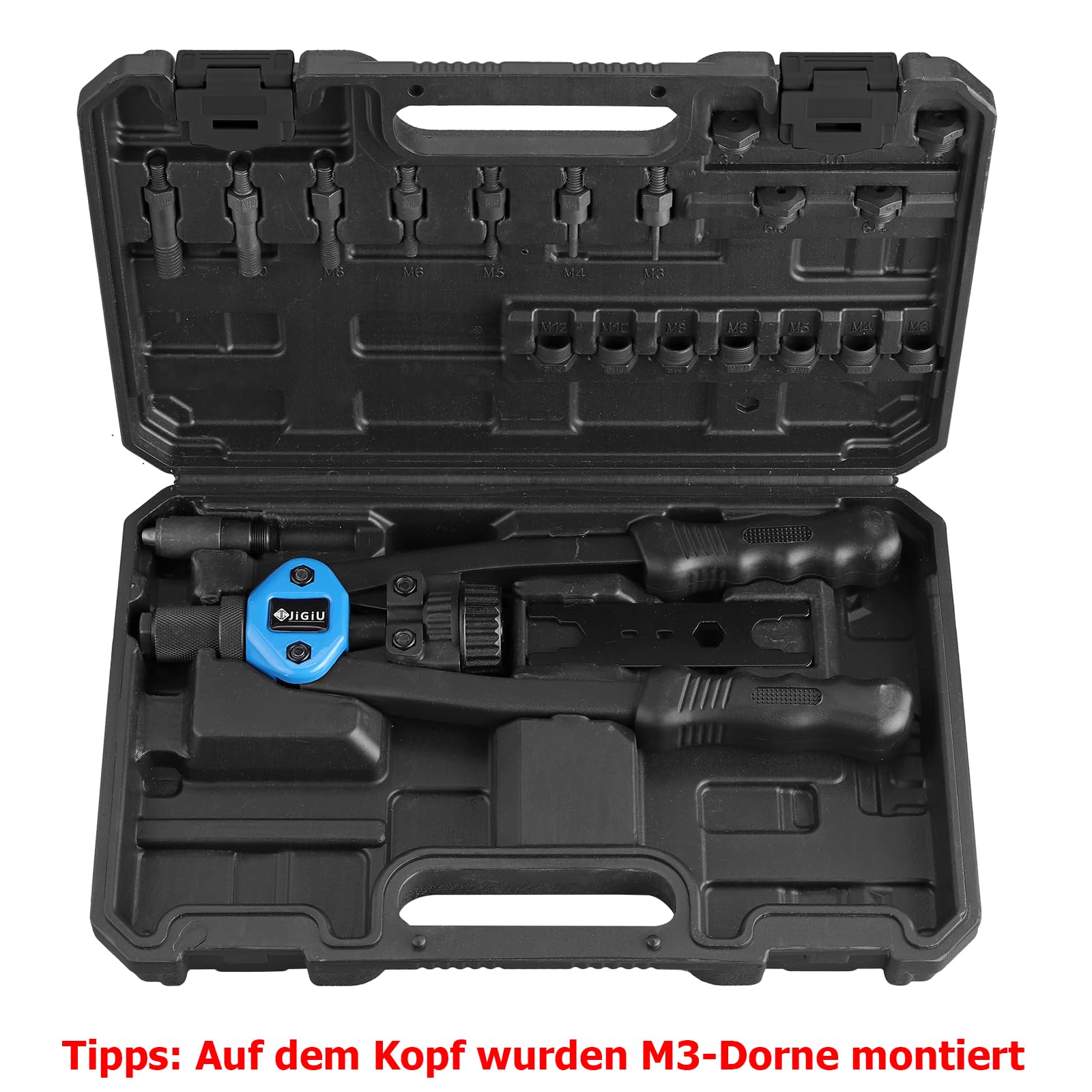 JiGiU Nietzange Set, 2 In 1 Nietmutternzange Blindnietzange mit 7 Art Metrische Dorne M3-M12 und 5 Nietköpfen 3.2-6.4mm, inkl. 110pcs Nietmuttern & 50pcs Blindnieten Nietmutterwerkzeug Satz (Blau)