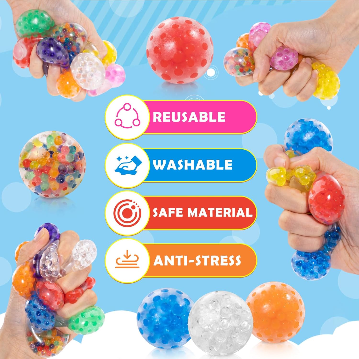 24 Pack Fidgets Stress Balls for Kids Adults, Squishies Ball Toys Pack, Stress Relief Sensory Stress Ball for Autism, Squishy Toys for 3 4 5 6 7 8 9 10 Boys Girls Gifts