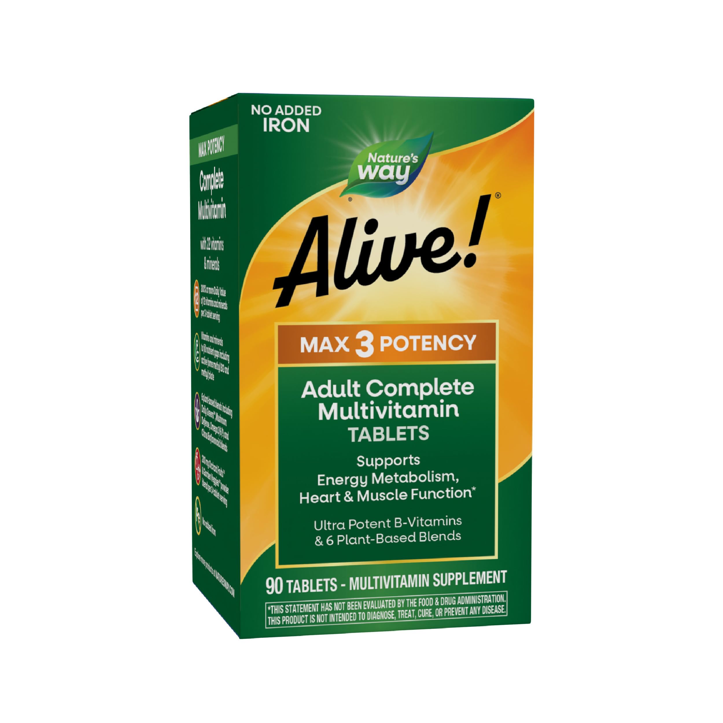 Nature's Way Alive! Max3 Potency Adult Complete Multivitamin, High Potency B-Vitamins to Support Energy Metabolism*, with Methylated B12 and Folate, No Added Iron, 90 Tablets