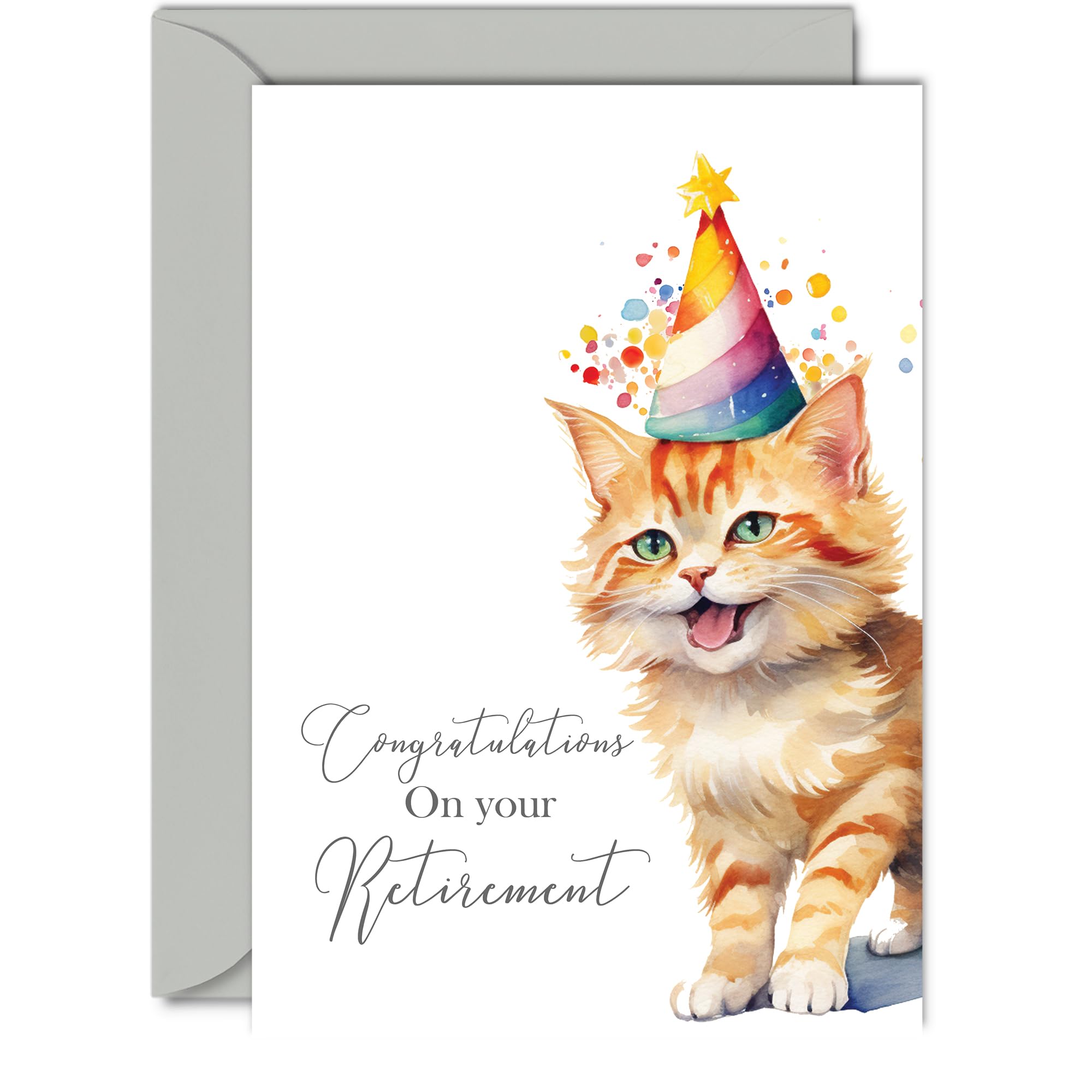 Retirement Card - Party Cat Kitten - Leaving Cards for Family Friends Colleagues Teacher, Congratulations on your Retirement, A5 Happy Retired Card Greeting Cards