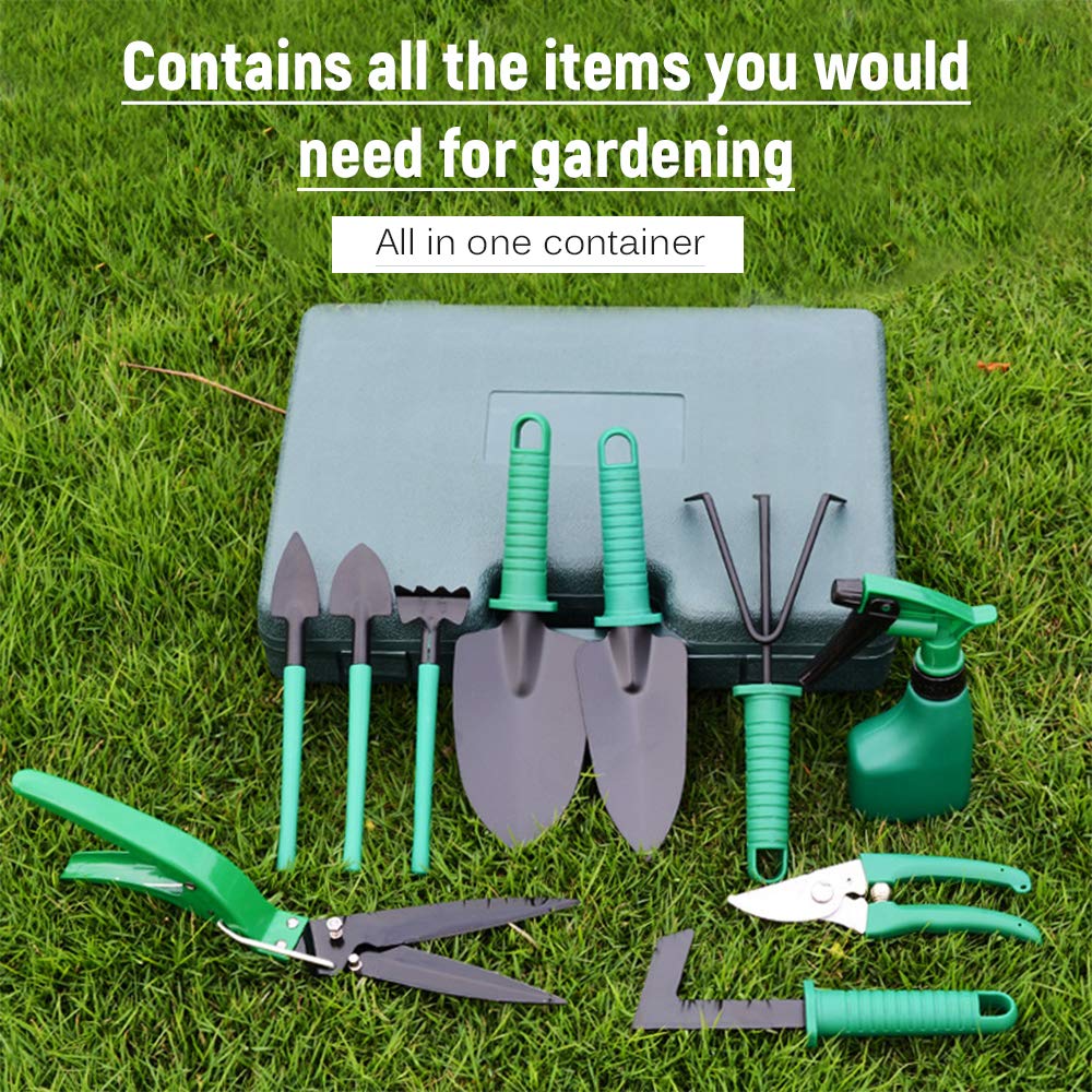 Set di attrezzi da giardino da 10 pezzi in acciaio inox con valigetta organizer, set da giardinaggio ad alte prestazioni con cesoie da giardino, rastrello, pala grande e piccola, spruzzatore, forbici