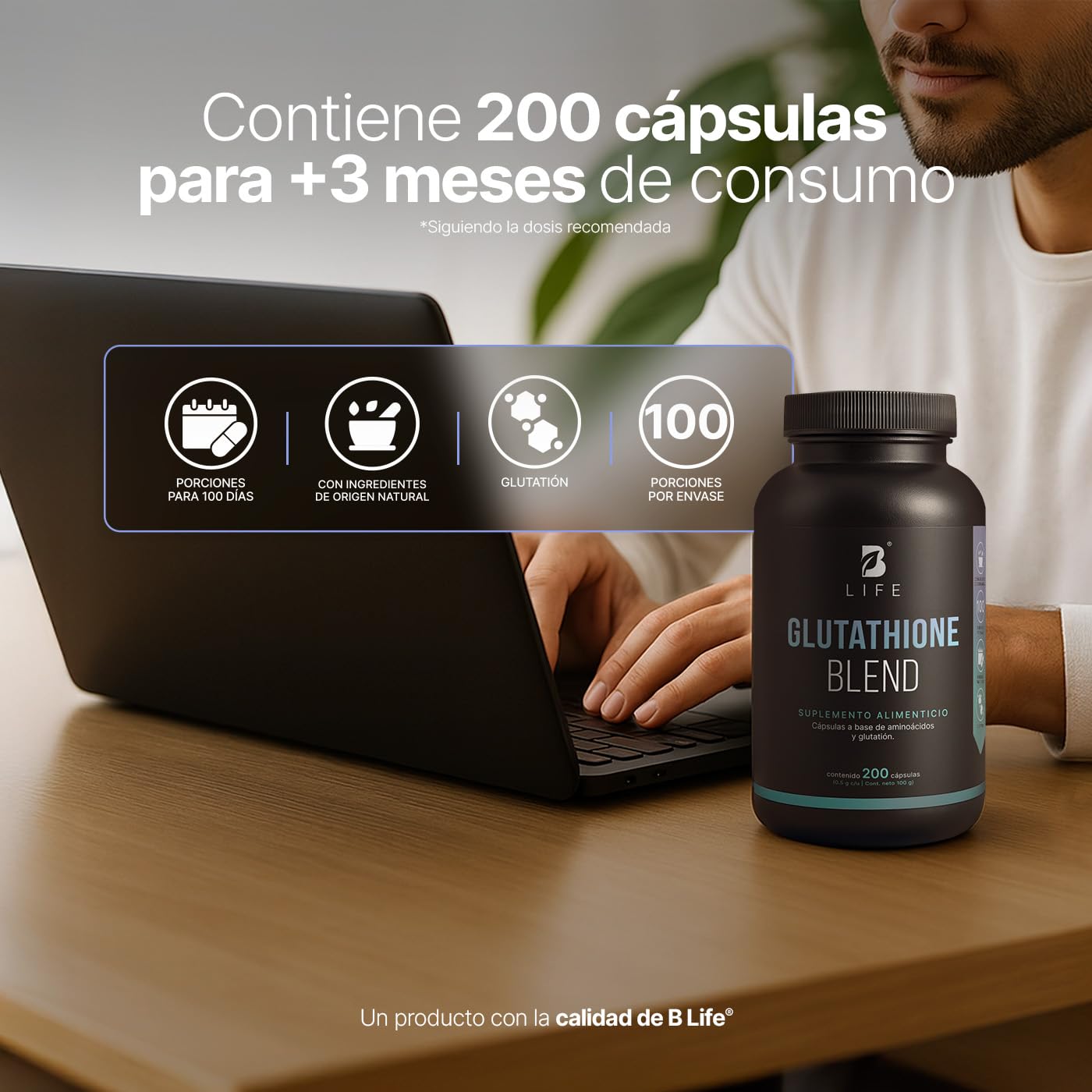 B Life Glutatión | 200 Cápsulas | 1000 mg por porción | Glutatión,  L-Cisteína, L-Glutamina y L-Glicina | Ingredientes Naturales