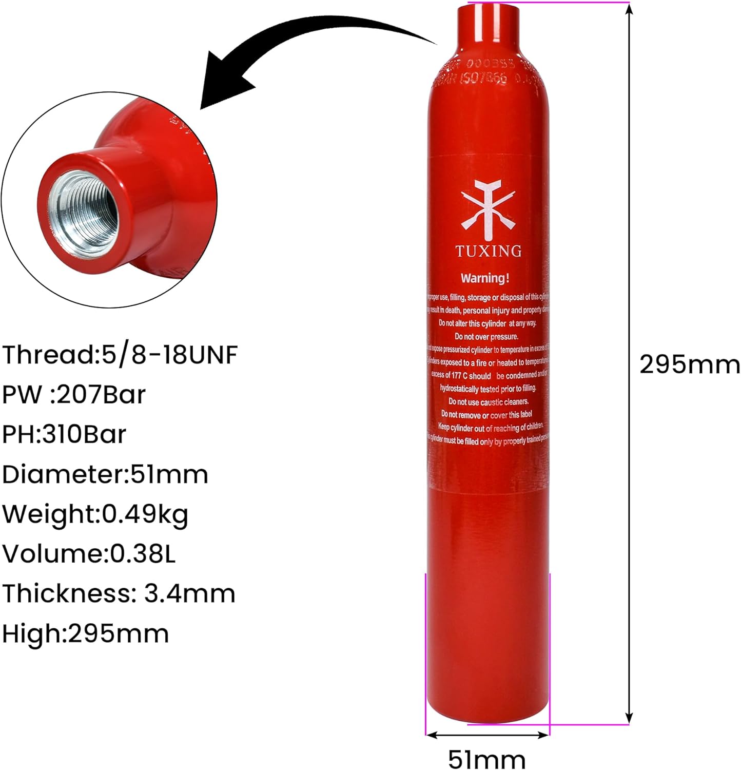 TUXING 4500psi Pcp Air Tank 3000psi Paintball Tank, High Pressure Air Tank 0.38L 23Ci Capacity,for Paintball or PCP Air Guns (Empty Bottle) 5/8-18UNF,Red