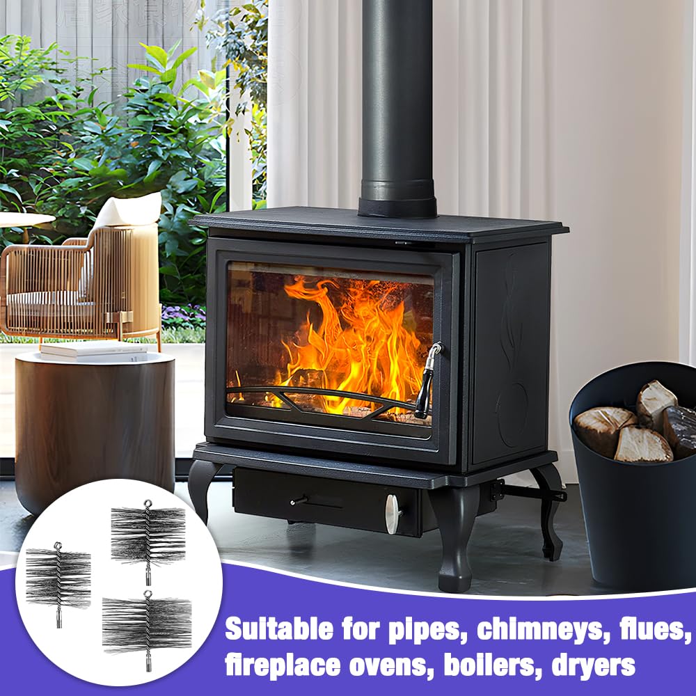Cepillos de reamontonado para chimenea, 3 unidades, kit de reamontonado Poele Pellet, erizo de acero inoxidable, metálico, cepillo para limpieza de chimenea (150 mm, 170 mm, 200 mm)