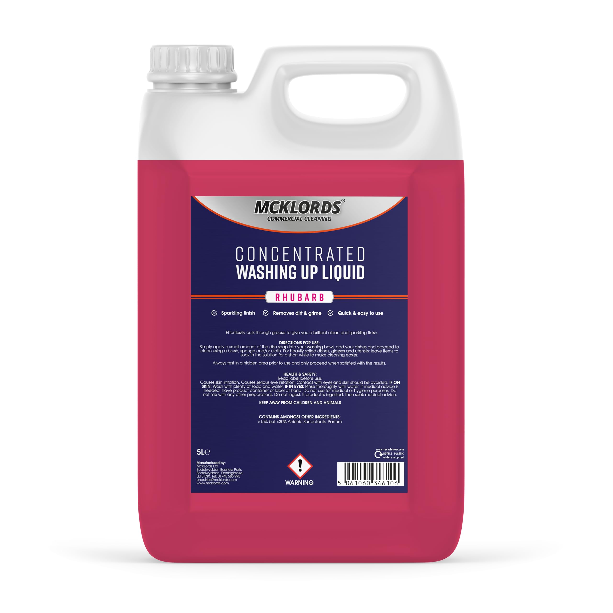 McKLords Commercial - Rhubarb Washing Up Liquid - High Strength Dishwashing Liquid for Commercial Kitchens & Catering Use - Long-Lasting Foam Cuts Through Grease - 5L