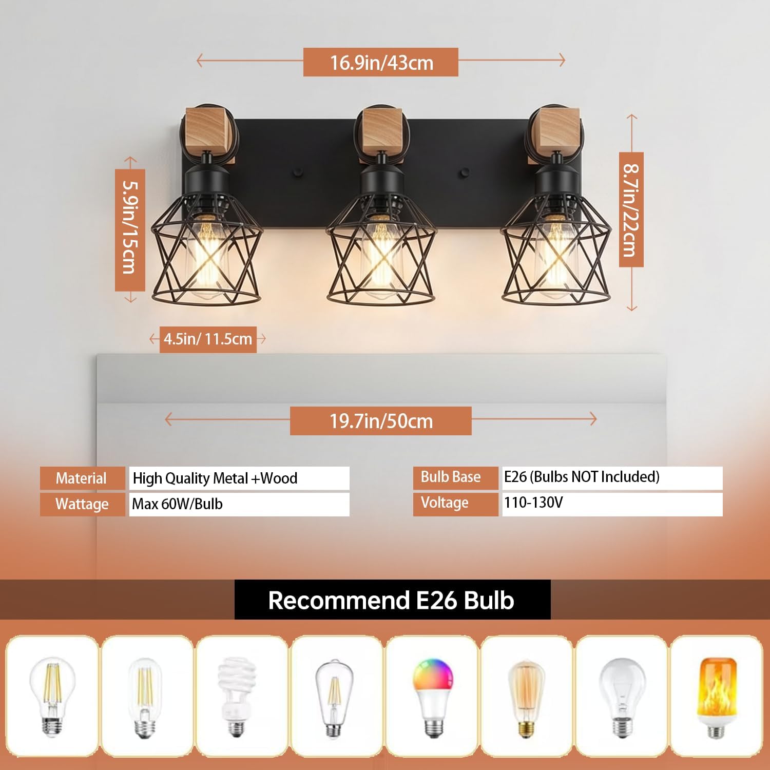 3-Light Farmhouse Vanity Light Fixture, Wood Bathroom Light Fixtures Over Mirror, Industrial Black Vanity Light with Metal Lampshade for Bedroom Hallway Living Room image 2