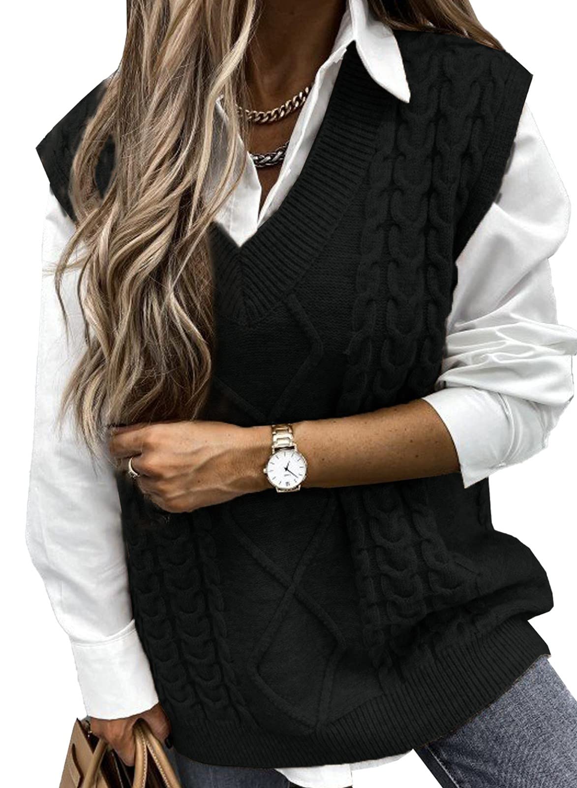 Oversized Pullover Vest For Women Solid Color Cable Knit Sweater