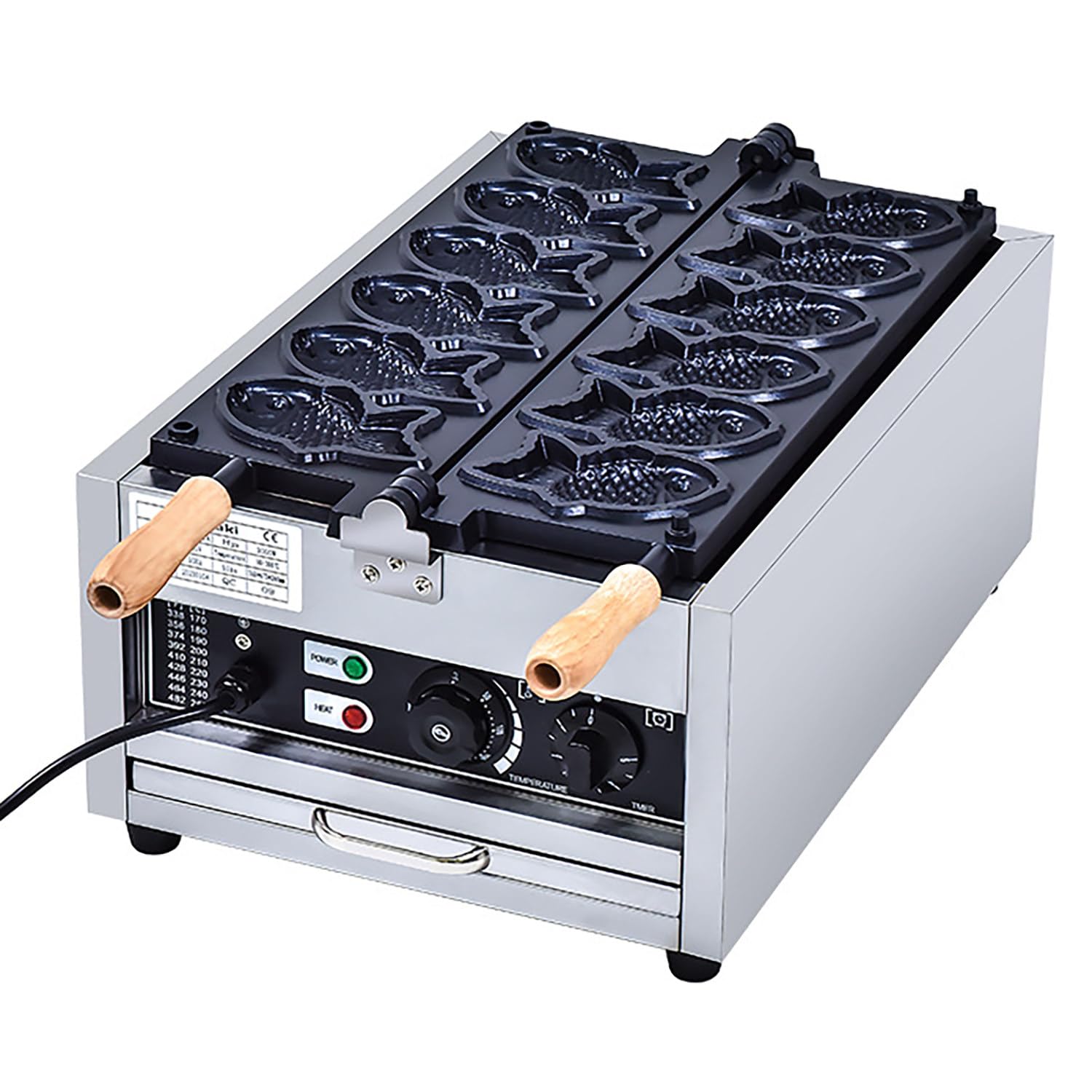 Azcabjie Professional Taiyaki Waffle Machine With Time & Temp Control High Power 3KW 6 Slots Nonstick Fish Waffle Baker for Bakery Cafe Catering Business