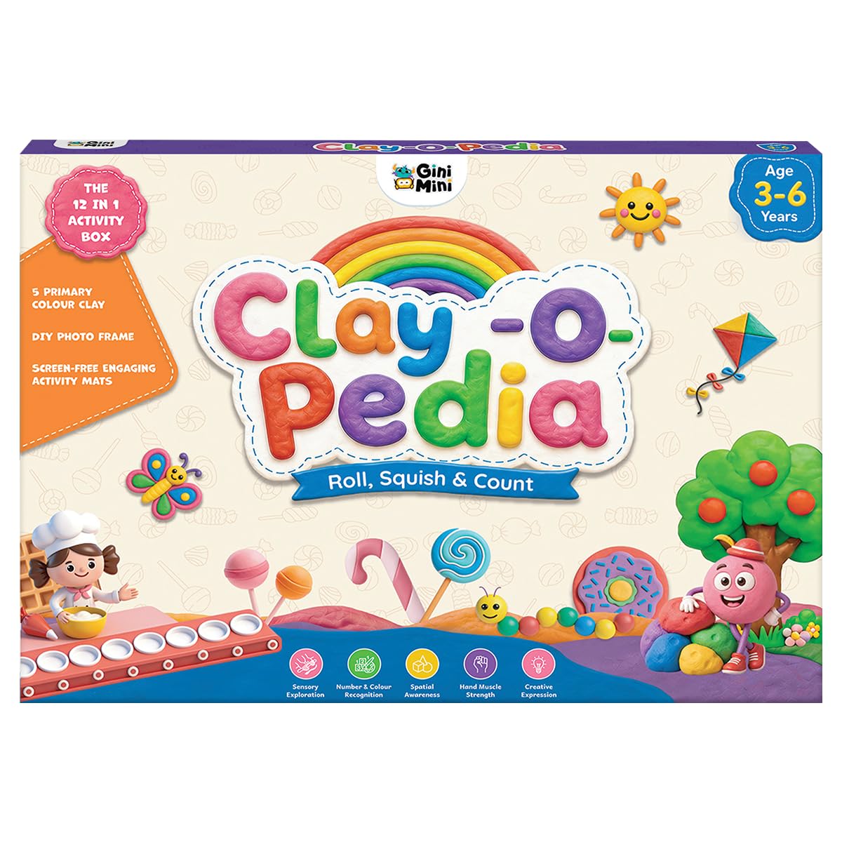 GiniMini Clay-O-Pedia Clay for Kids 3 to 10 Years - Non-Toxic Modelling Clay Kit | Soft Play Dough Set for Boys & Girls | Educational Sensory Toy with 12 Candy Activity Mats | Screen-Free Toy