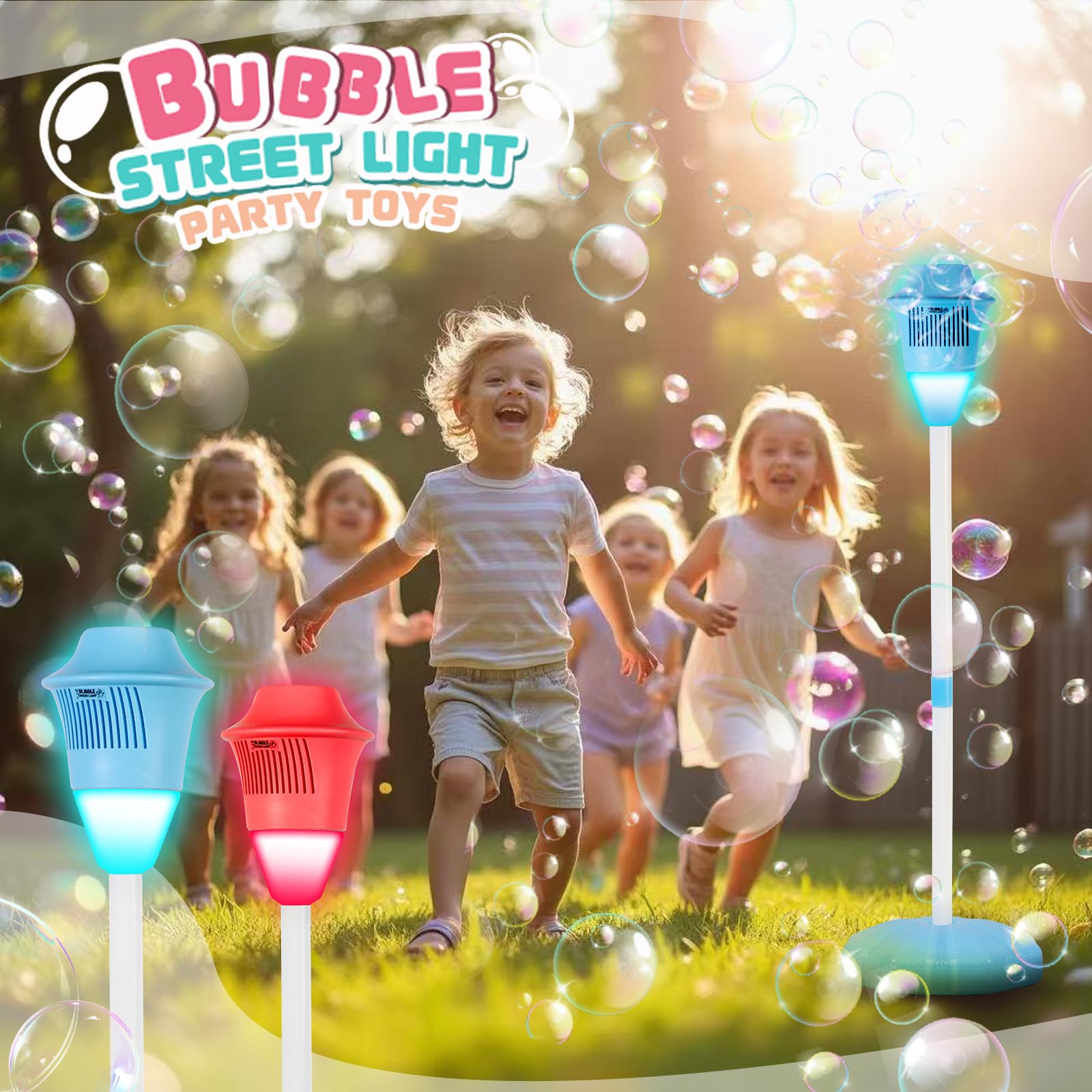 Automatic Bubble Machine, Outdoor Vertical Bubble Machine with Rechargeable Batteries and Lights Music for Kids and Adults Wedding Birthday Party, No