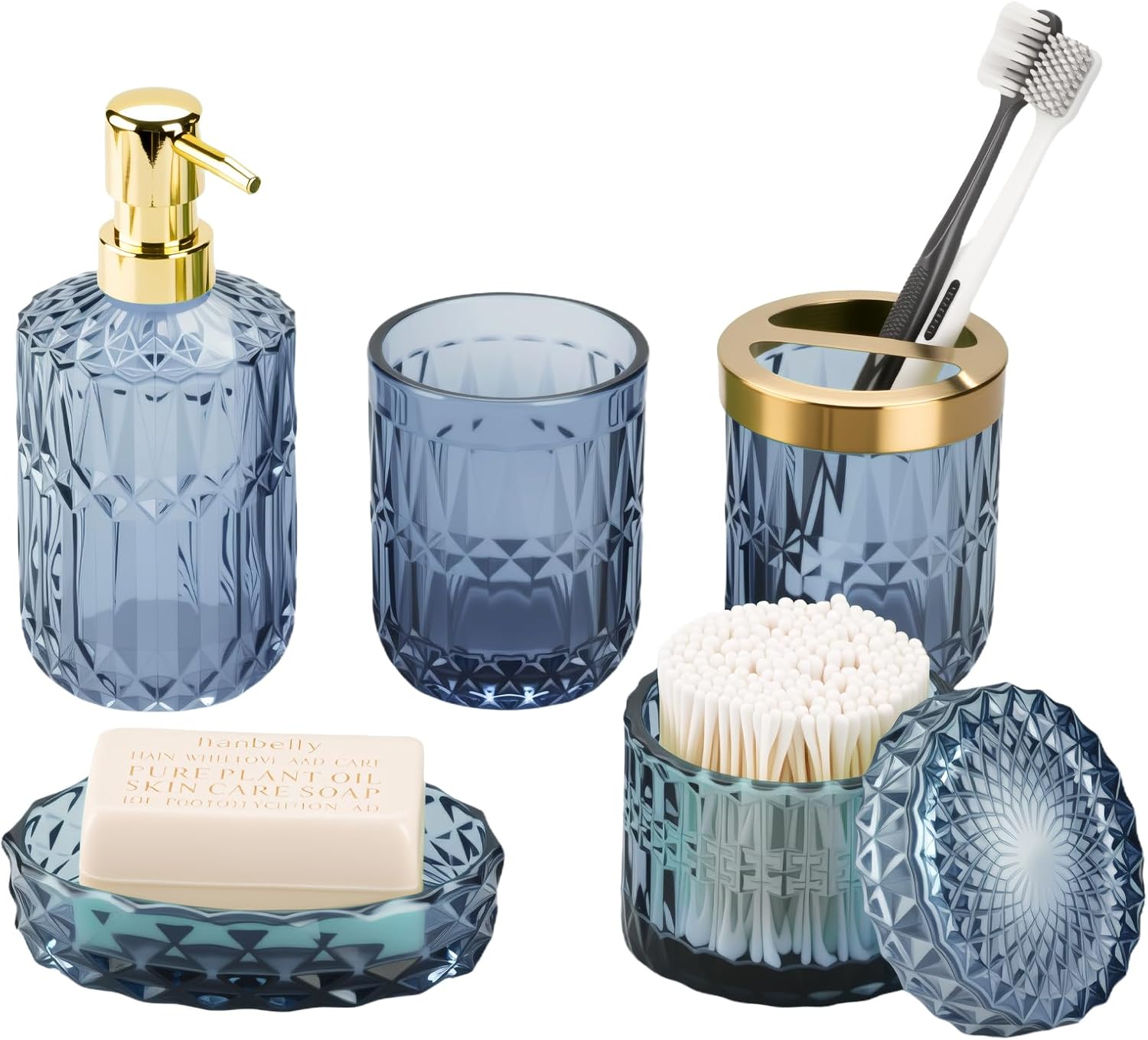 Blue Bathroom Accessories Set, 5Pack Clear Glass Bathroom Accessories, Includes Lotion Soap Dispenser, Toothbrush Holder, Qtip Holder and Soap Dish, Vintage Bathroom Decor