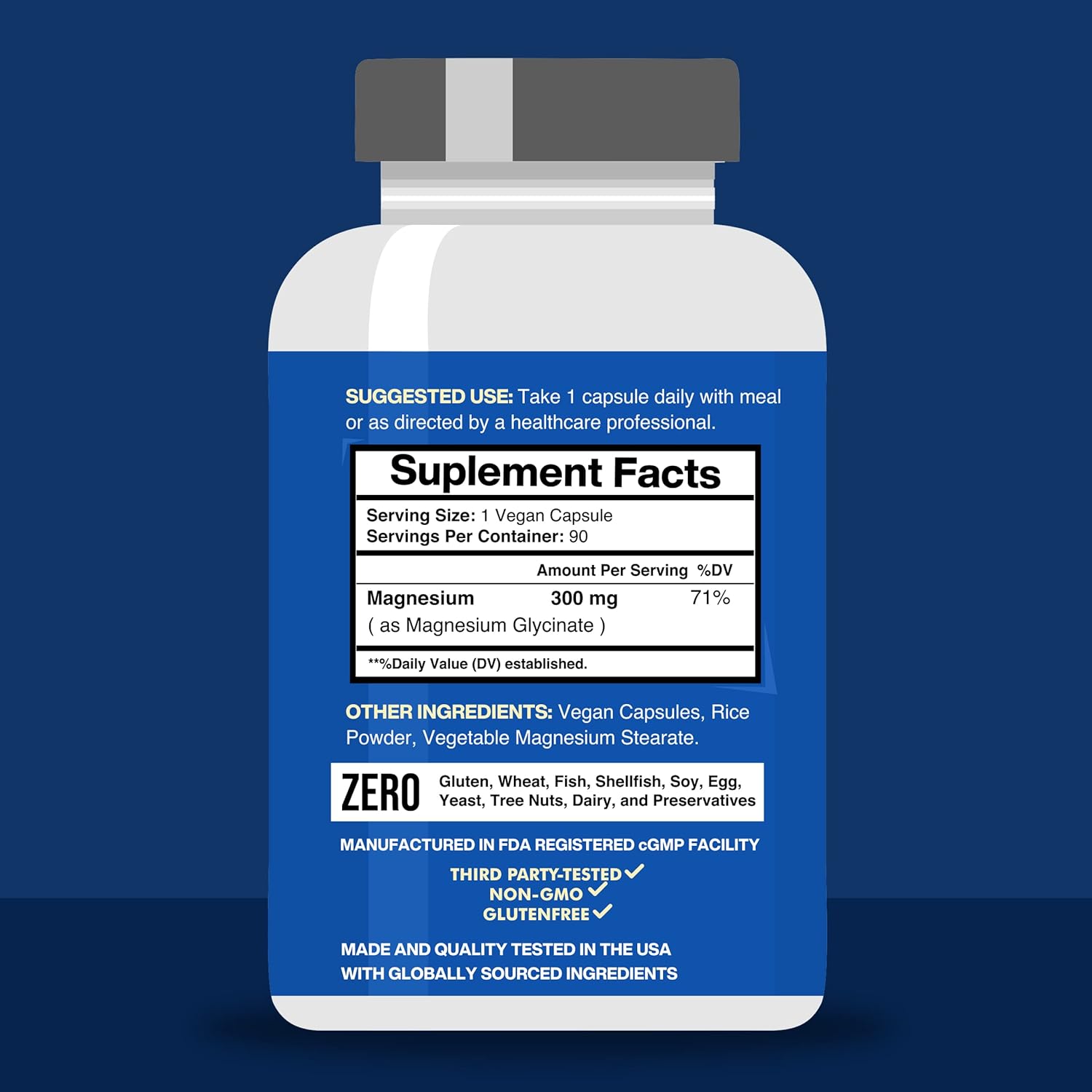 Magnesium 300mg Per Capsules for Men, Magnesium Glycinate