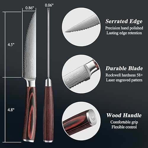 Miniatura 4 de Sunnecko Razor-Sharp - Juego de 4 cuchillos de carne dentados de acero inoxidable de alta calidad, mango de madera de Pakkawood de 4.5 pulgadas con