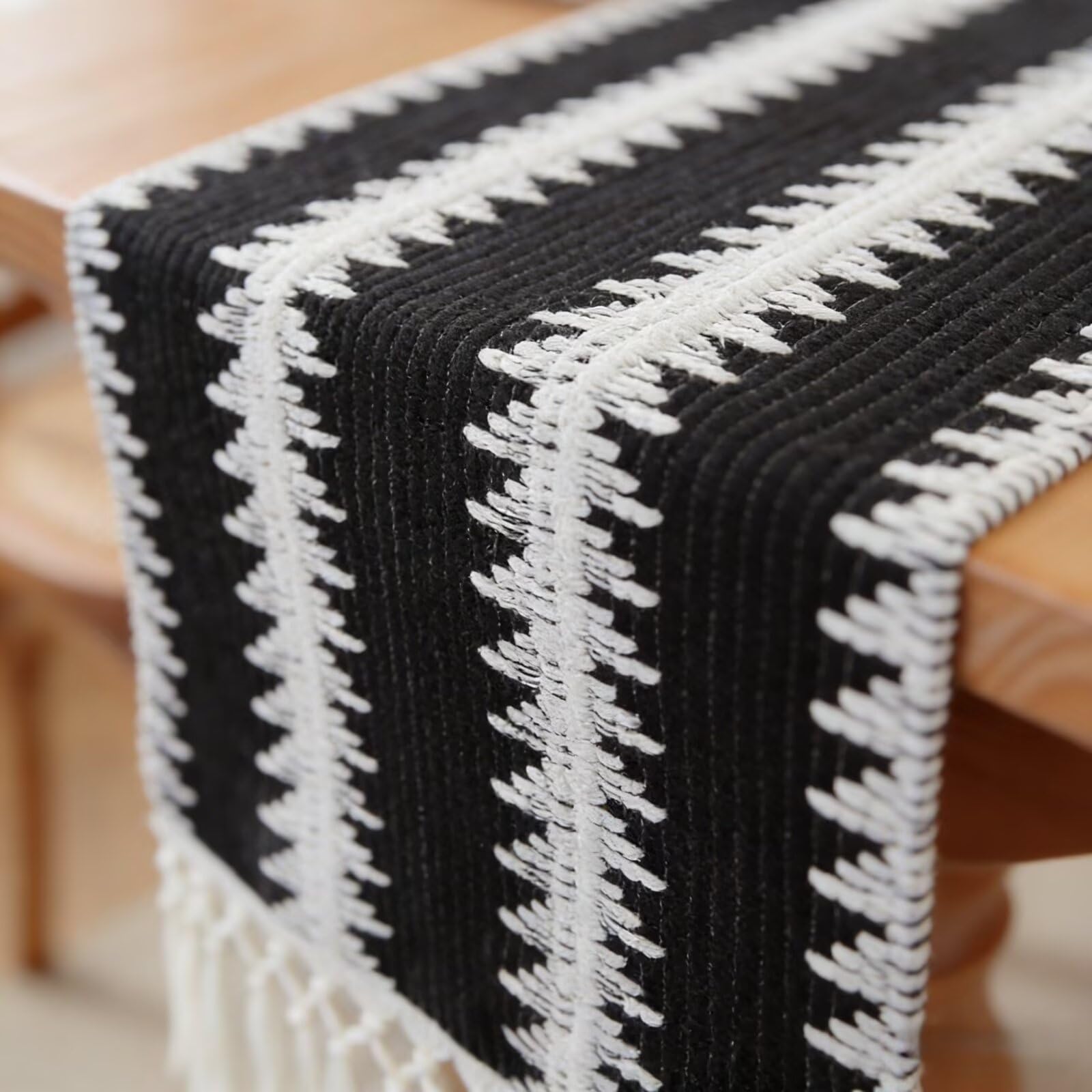 Ręcznie tkany bieżnik z bawełny i juty z frędzlami, rustykalny styl wiejski do kuchni artystycznej(Black Stripes,200cm)